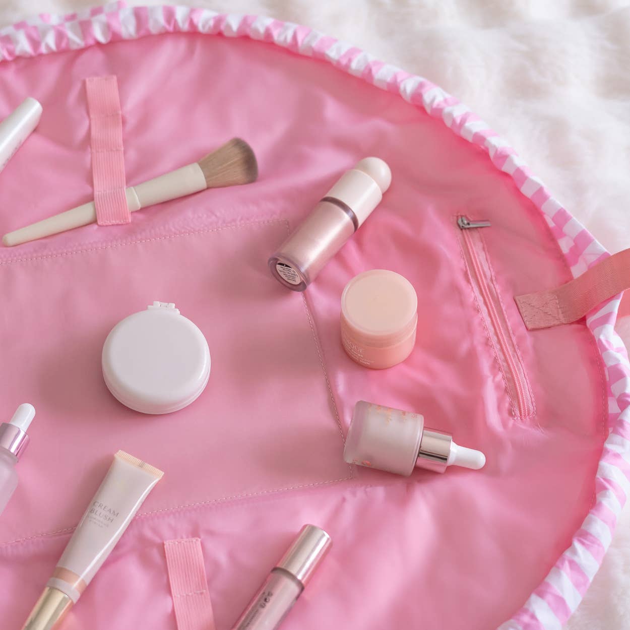 Flamingueo Trousse per cosmetici a righe rosa con chiusura ad arricciatura