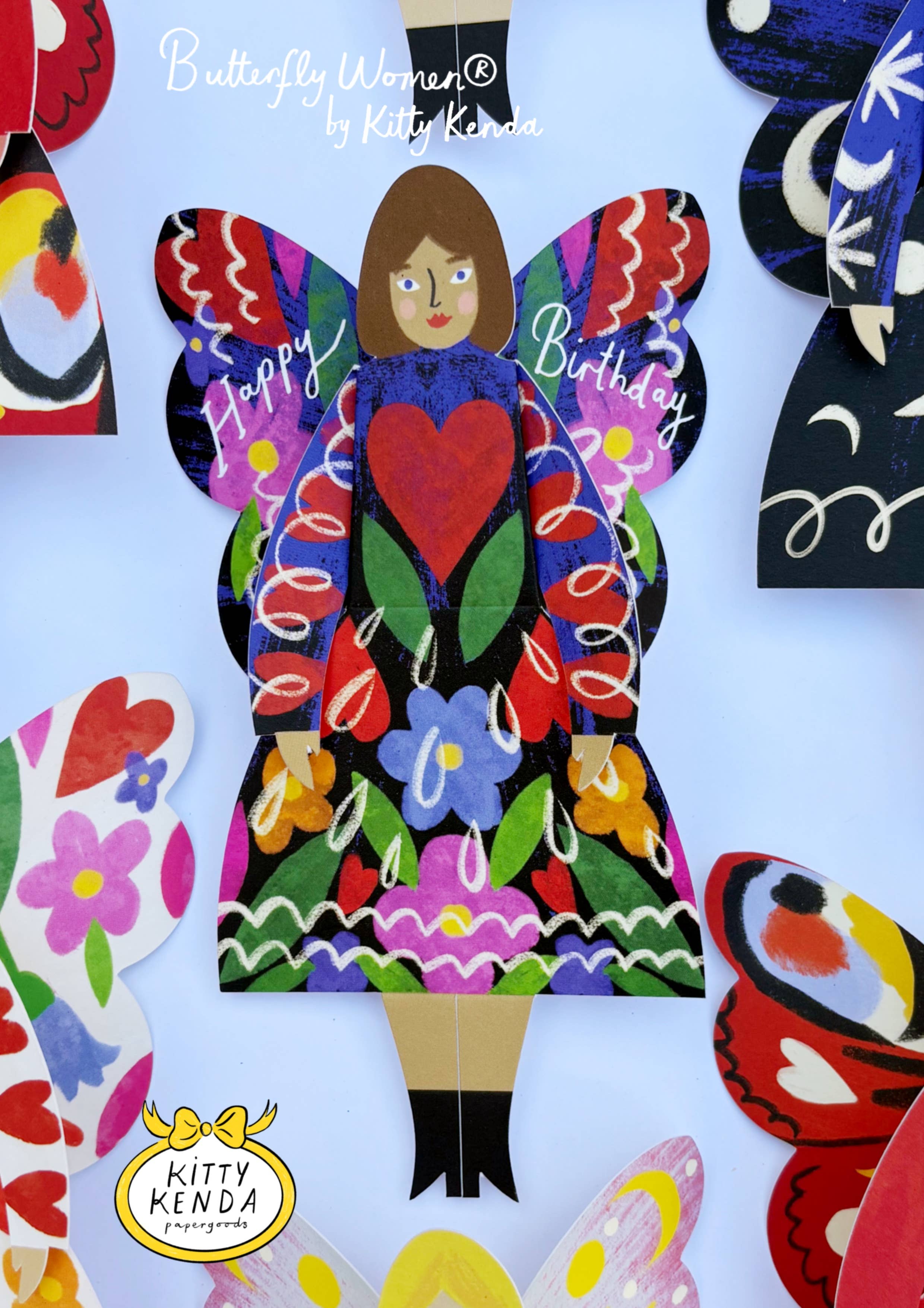 Kitty Kenda Papergoods Biglietto di Auguri Donna Farfalla Seduta - Fiori di Mezzanotte