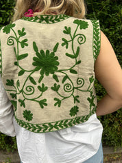 ToutVintage Gilet cotone Suzani beige verde