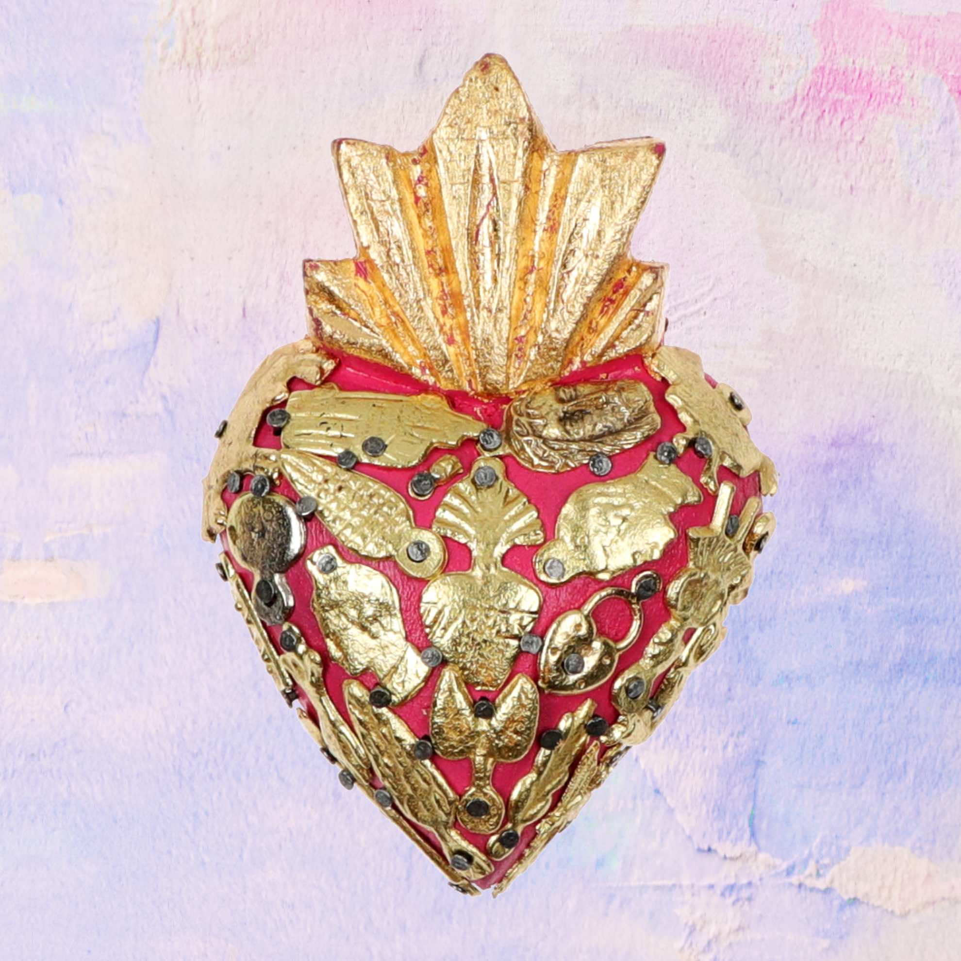 PINK PAMPAS Mini Cuore Sacro in legno artigianale messicano con ex voto