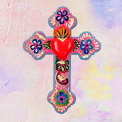 PINK PAMPAS Croce Folk Ex Voto messicana artigianale in Legno con Cuore