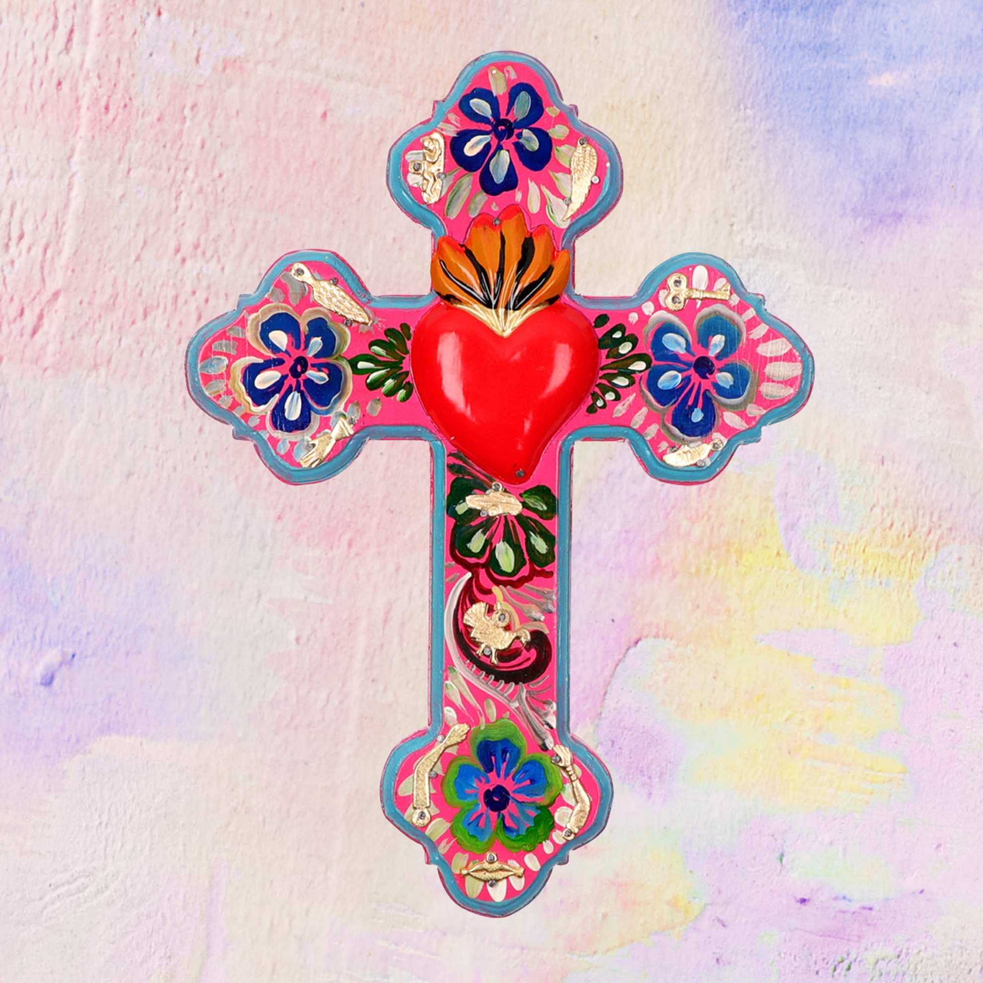 PINK PAMPAS Croce Folk Ex Voto messicana artigianale in Legno con Cuore