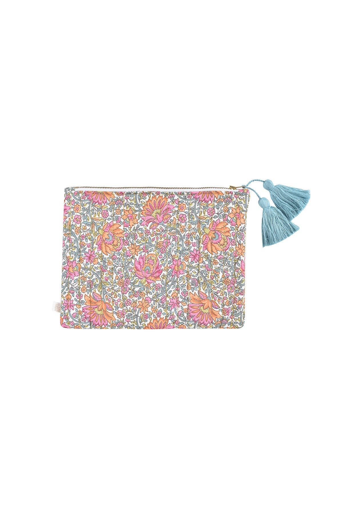 Louise Misha Domina pochette trapuntata con nappine colorate e stampa floreale rosa, arancione e verde: Giardino d'Inverno d'Avorio / VOI