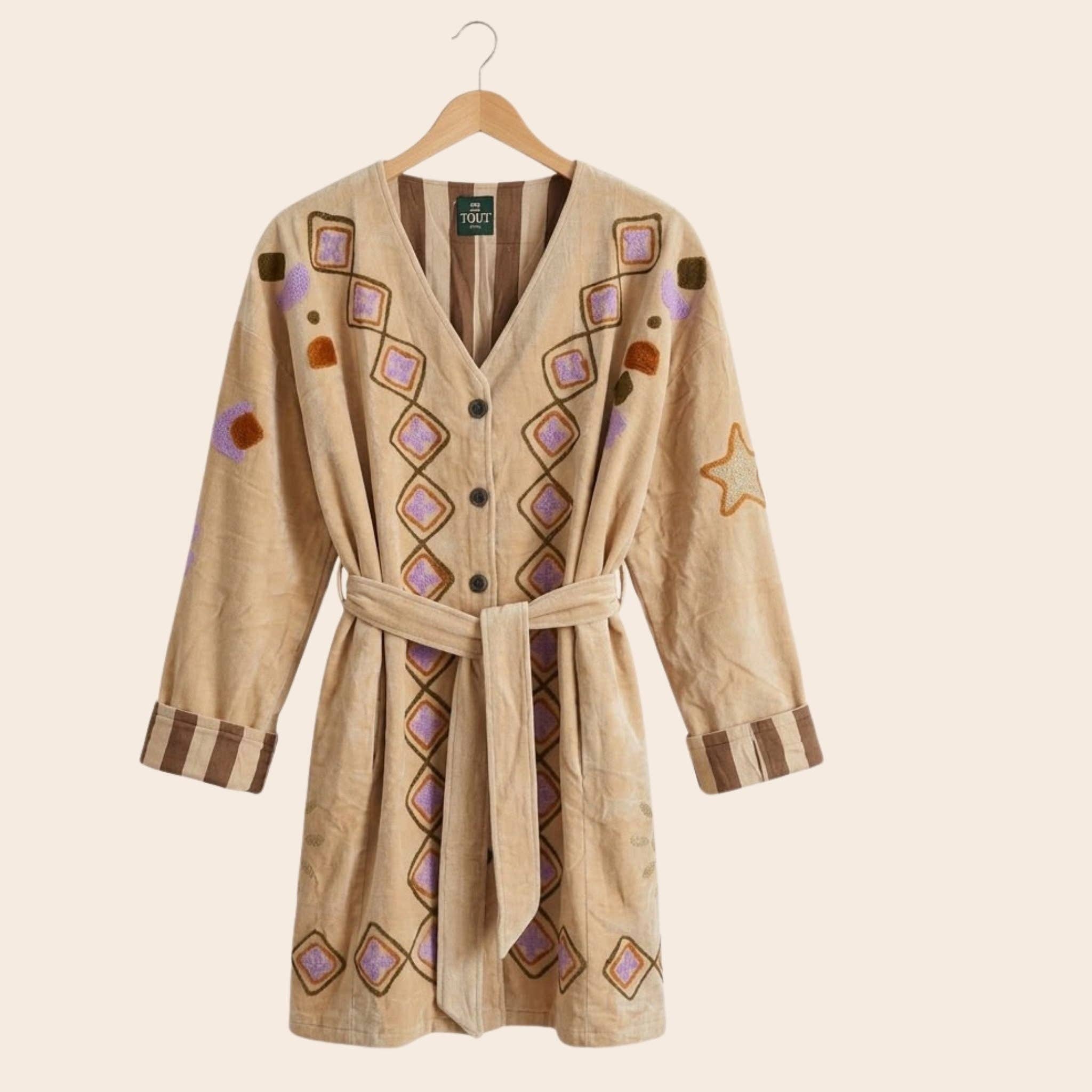 TOUT - Kimono in velluto medio-lungo beige: Stripes