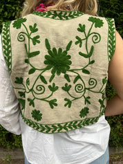 ToutVintage Gilet cotone Suzani beige verde