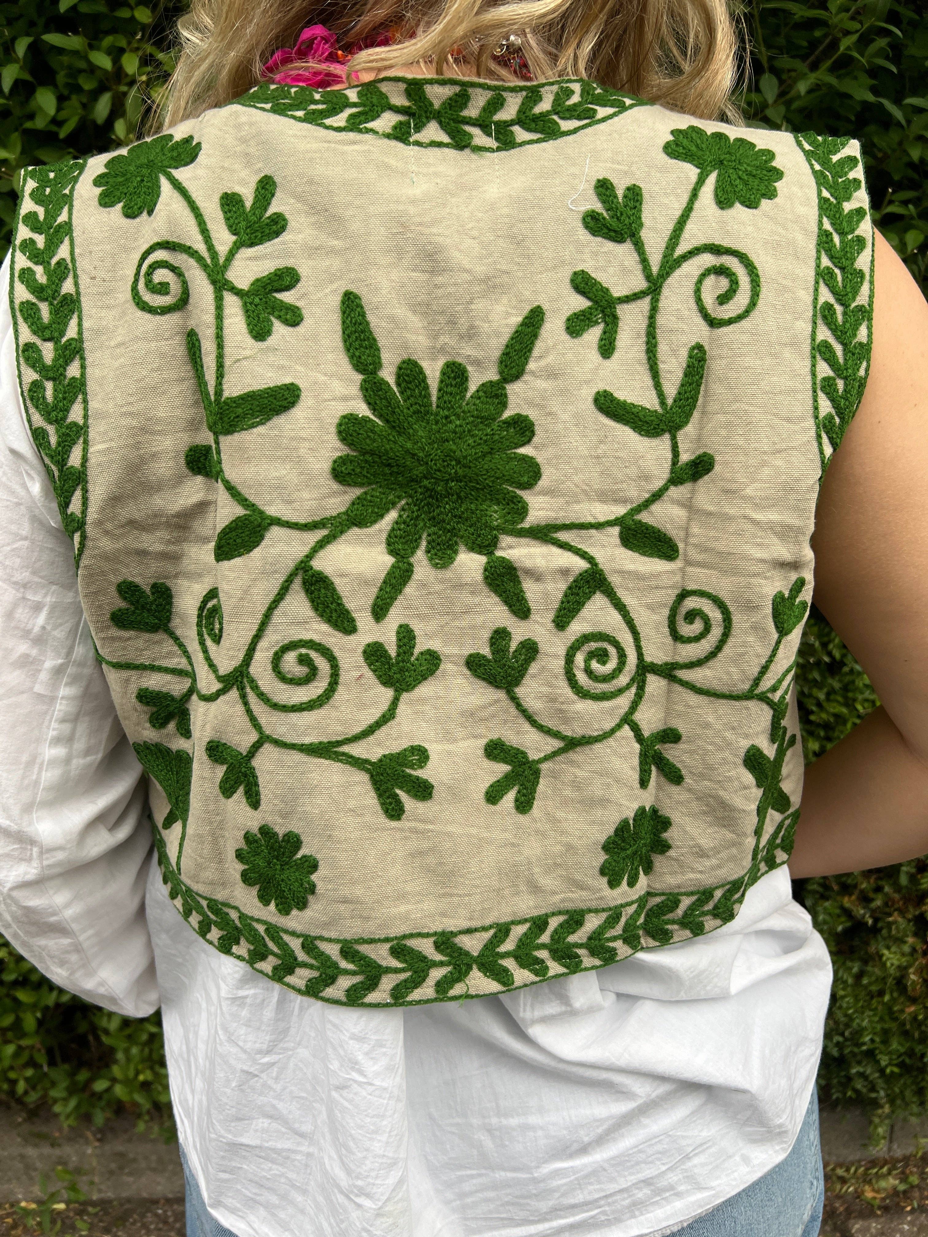 ToutVintage Gilet cotone Suzani beige verde