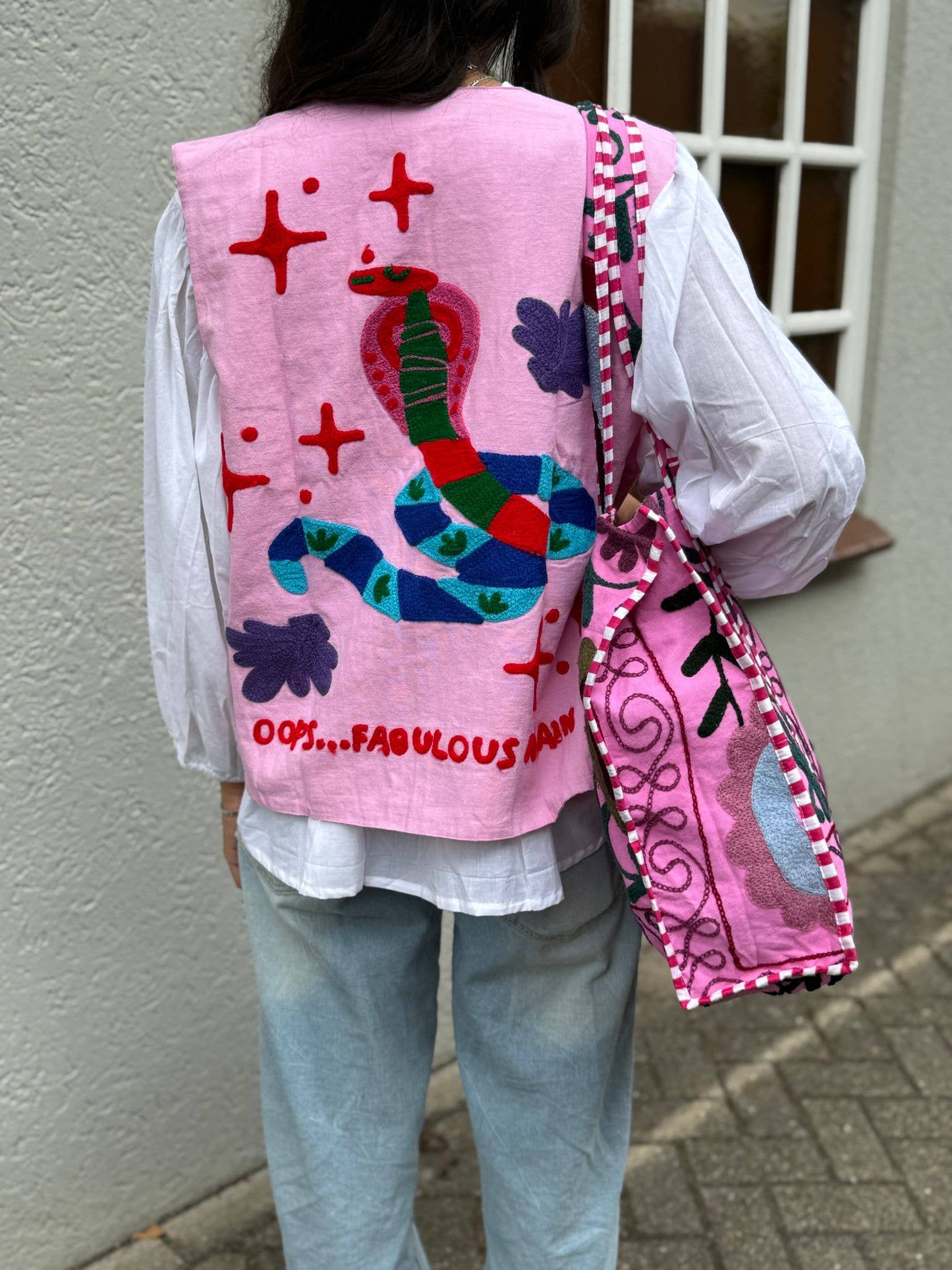 ToutVintage Gilet in cotone Suzani Serpente rosa