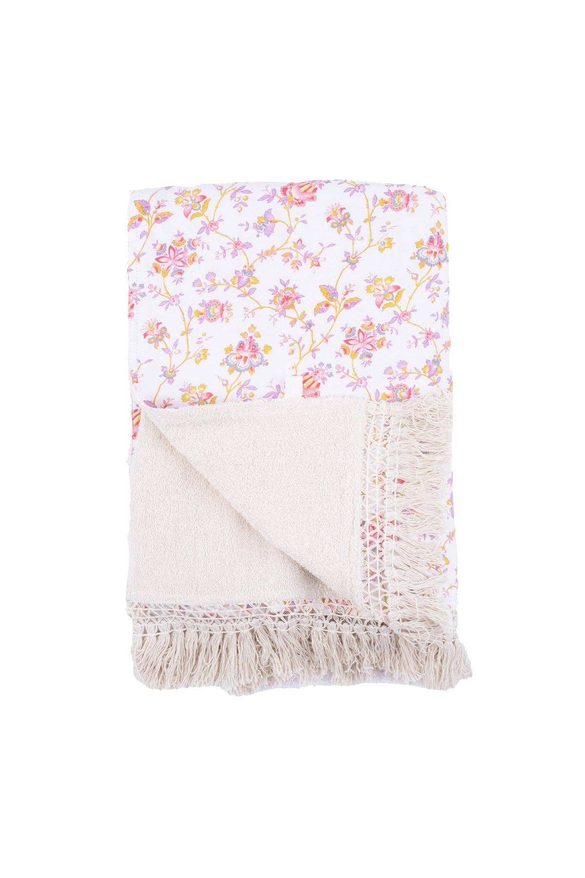 Louise Misha Asciugamano da Spiaggia Lana - Pompon - fiori - rosa - lilla: Campi di Crema Bucolia / T1(75X150)