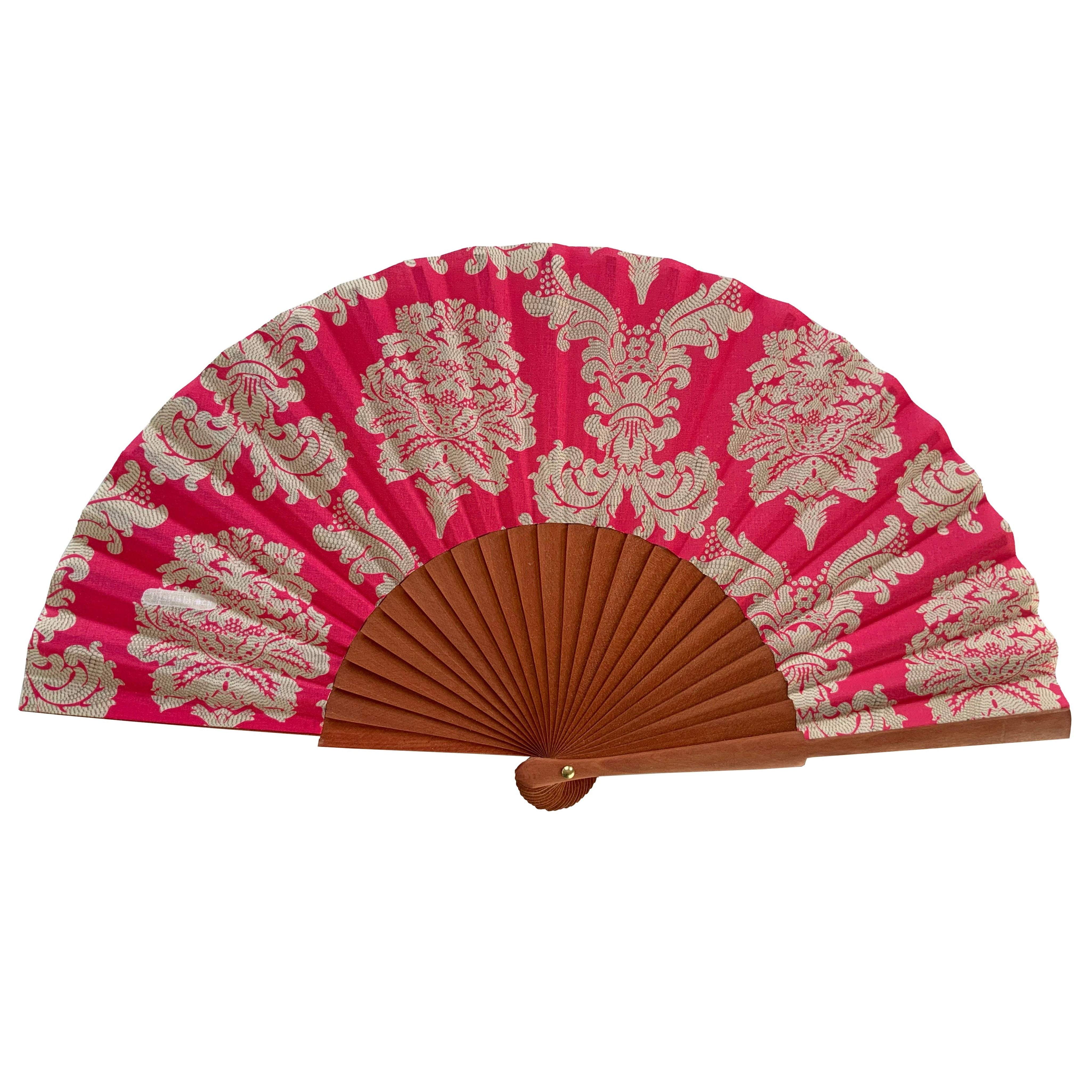 Tusitala Barcelona Ventaglio Damascato Fucsia - in Legno e Cotone - Originale e Artigianale