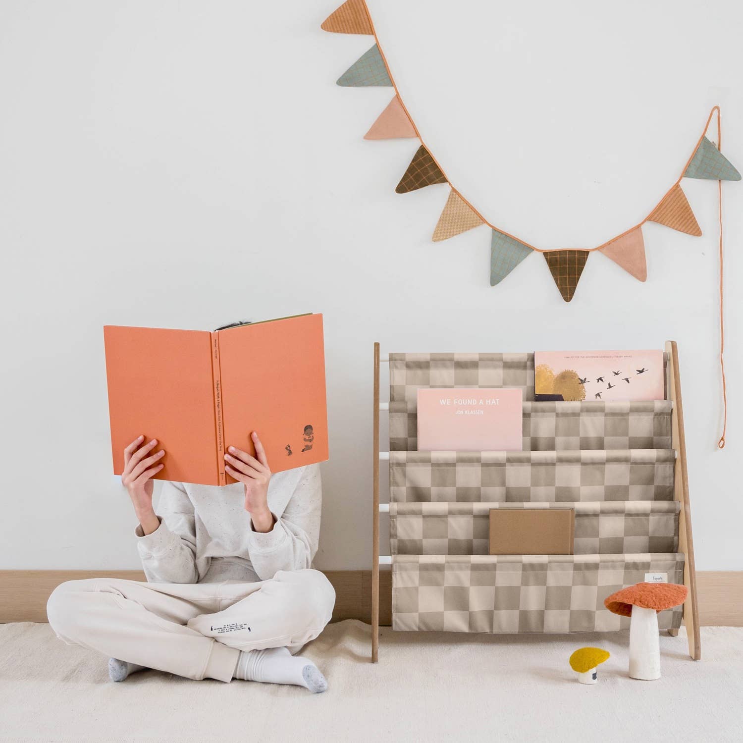 3 Sprouts Libreria per bambini con tessuto riciclato - motivo scacchiera: Verde a scacchi