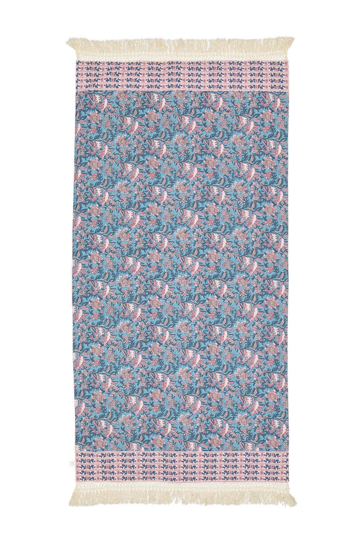 Louise Misha Telo Mare Lana - Pomponi - fiori - blu - rosa: Giardino dell'Eden color verde acqua / T1(75X150)