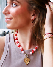 Bazou Collana con perline in pietra naturale XL - rosso/rosa