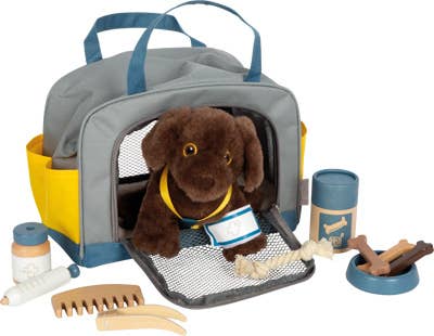 small foot Cucciolo di cane con borsa e kit toelettatura | gioco di ruolo | giocattolo in legno