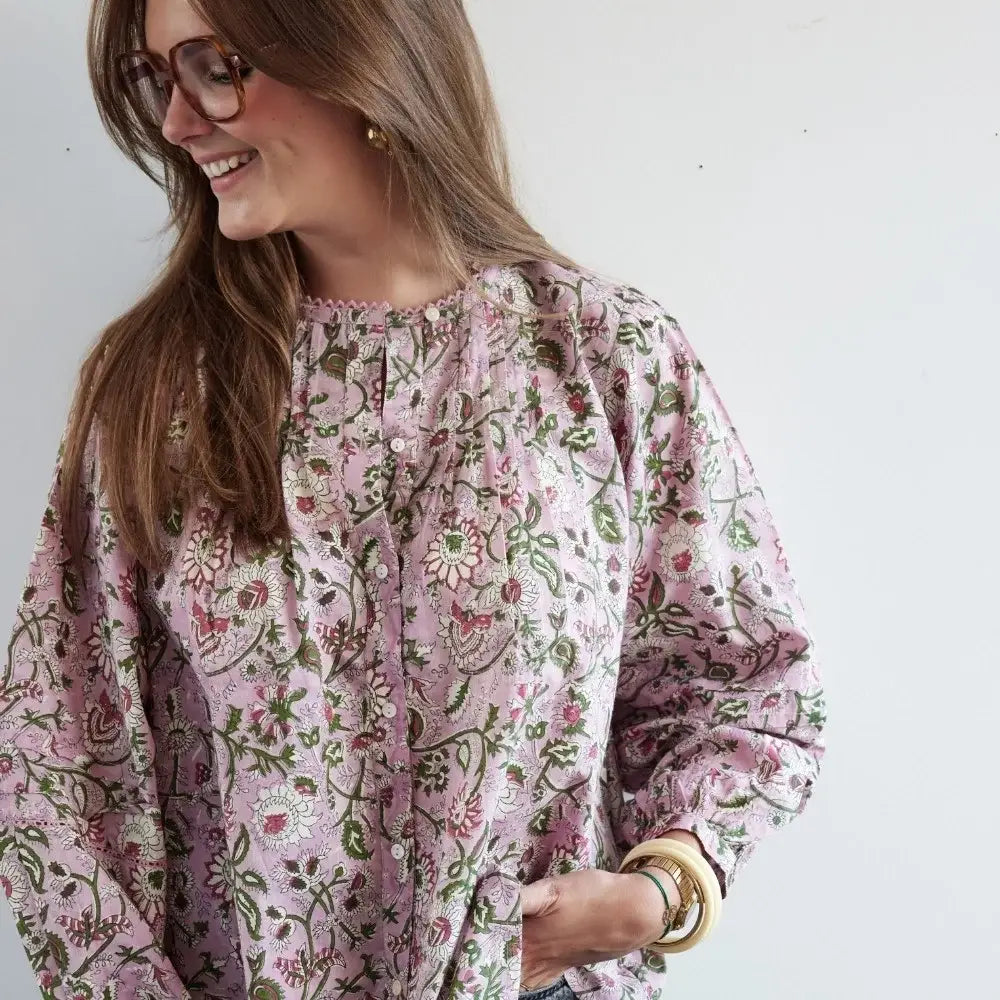 Bonheur du Jour Blusa donna stampata fiori indiani - Rosa/Malva