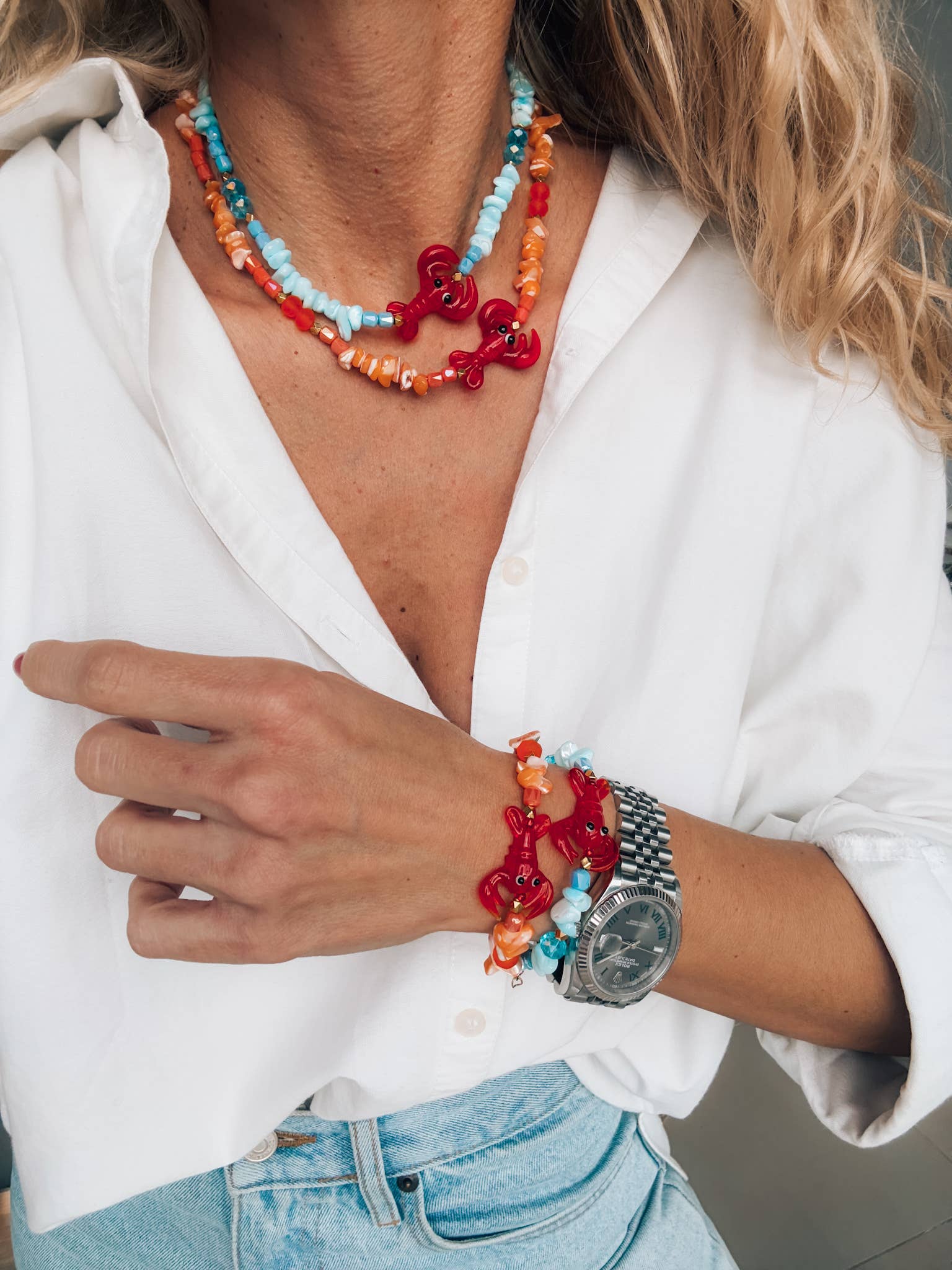 Goupi Lab Bracciali doppi con chips semipreziose turche e arancioni e granchio in vetro: Turchese