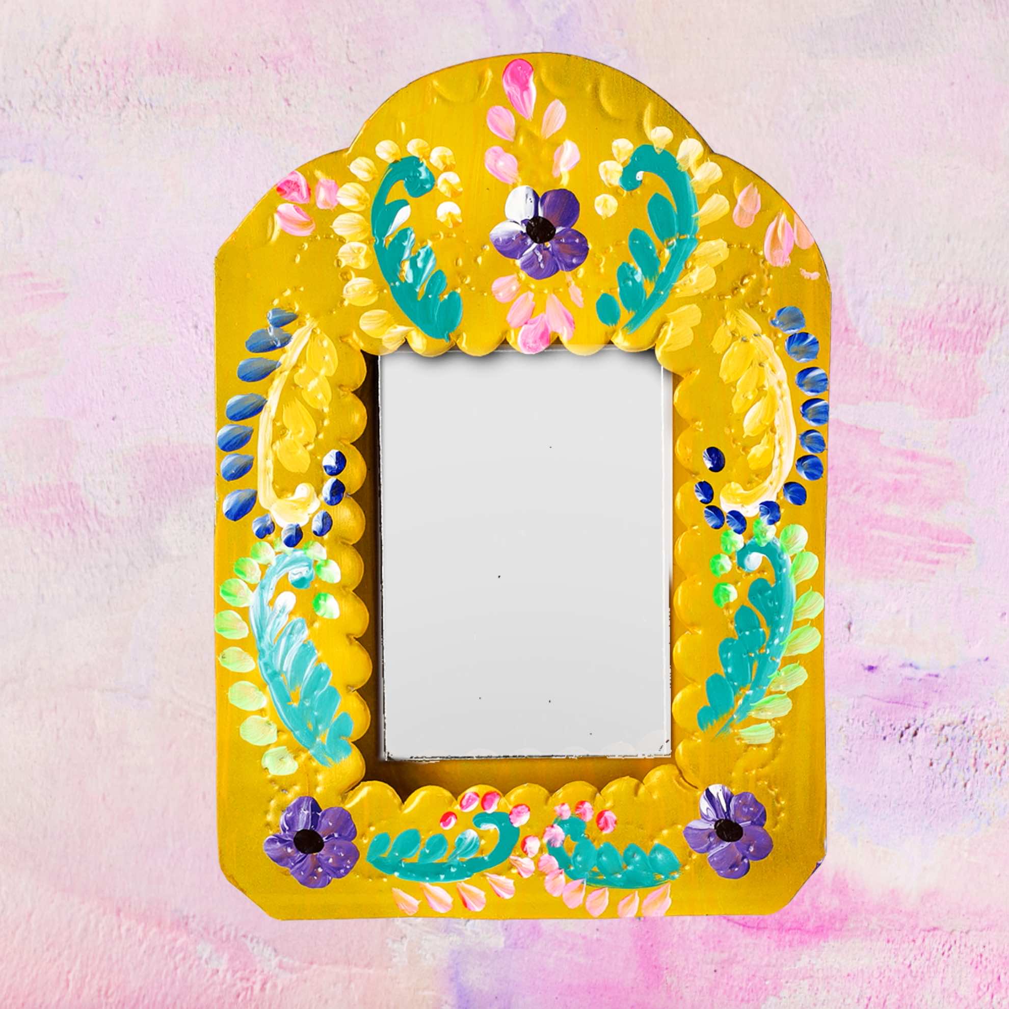 PINK PAMPAS Specchio artigianale messicano in latta con disegno folk