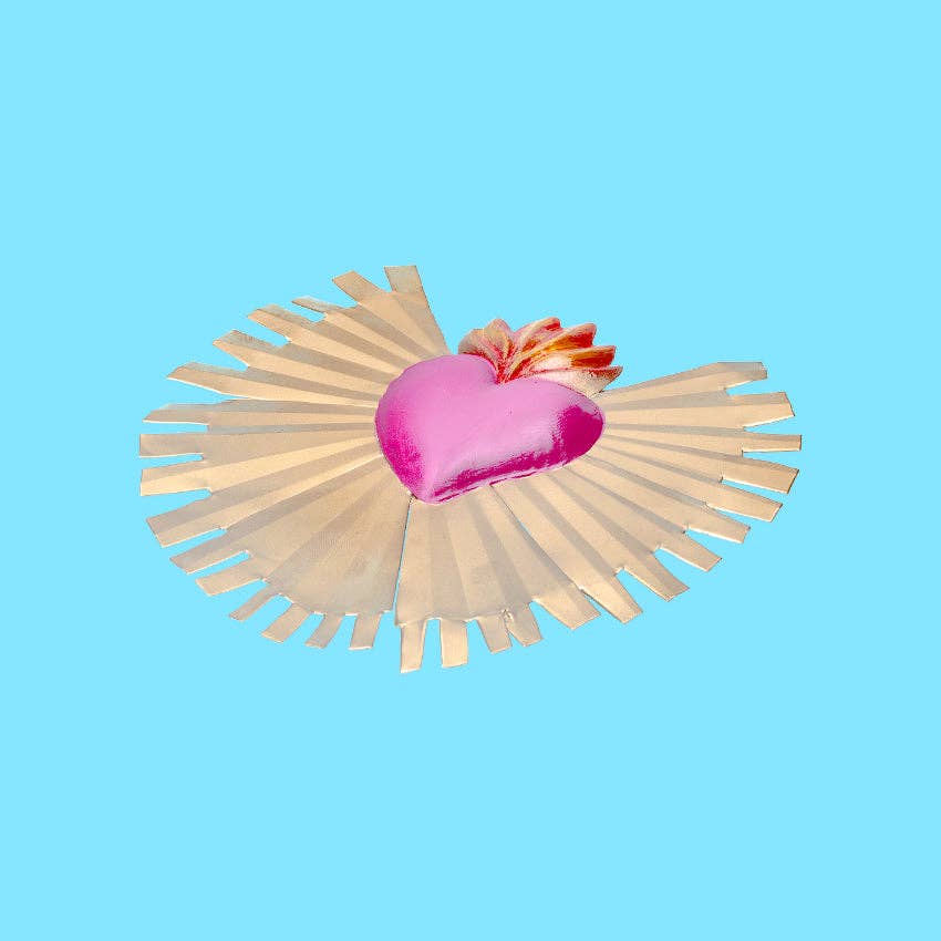 PINK PAMPAS Cuore ex voto messicano artigianale in metallo raggi oro