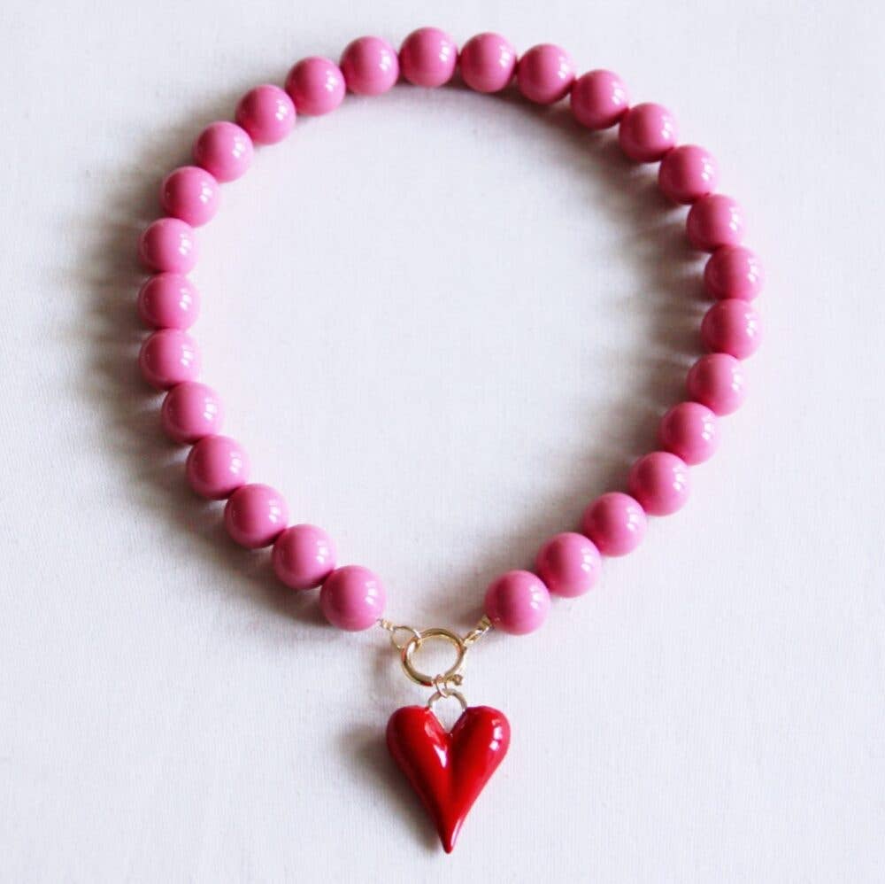 Bazou Collana di perline XXL e cuore rosso - rosa