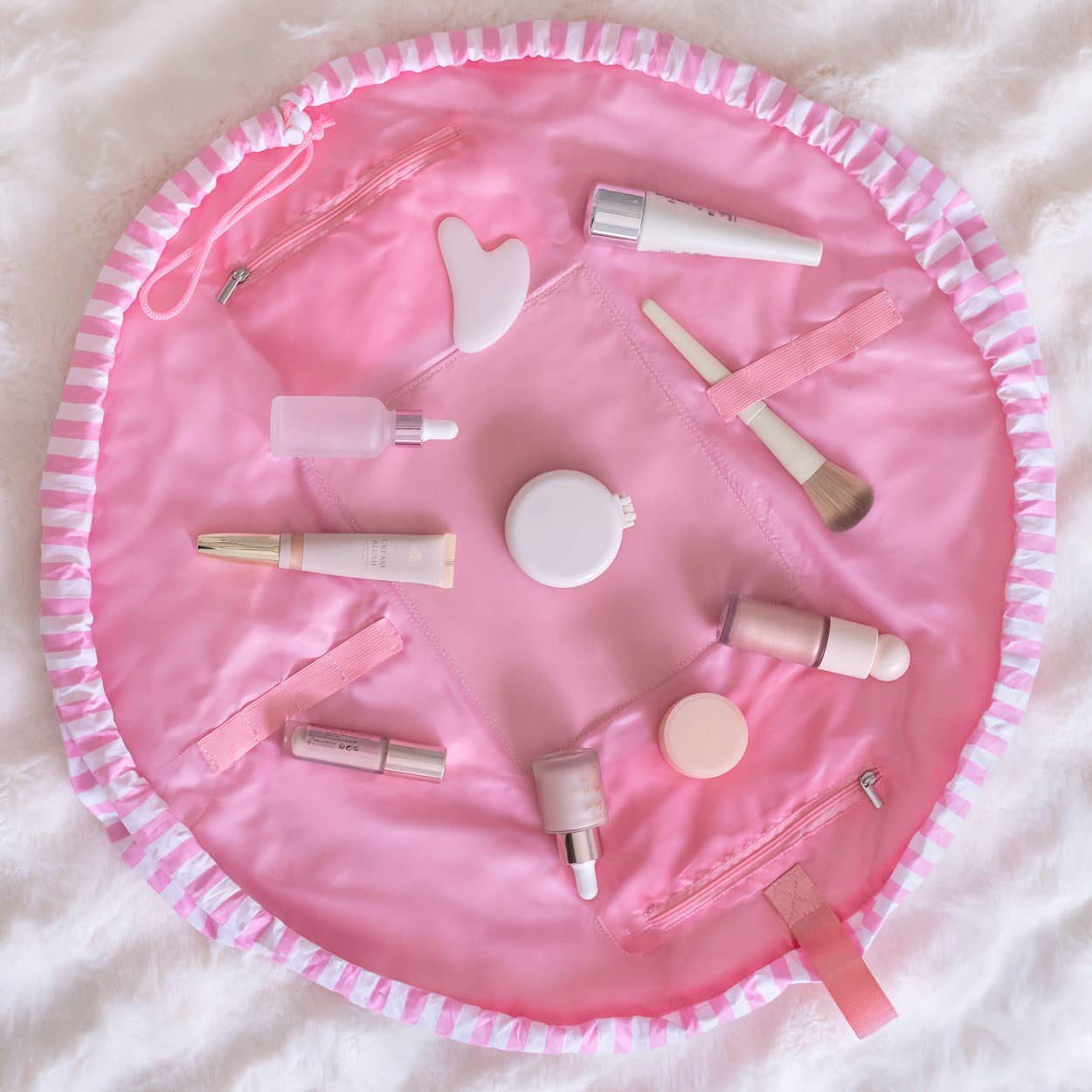 Flamingueo Trousse per cosmetici a righe rosa con chiusura ad arricciatura