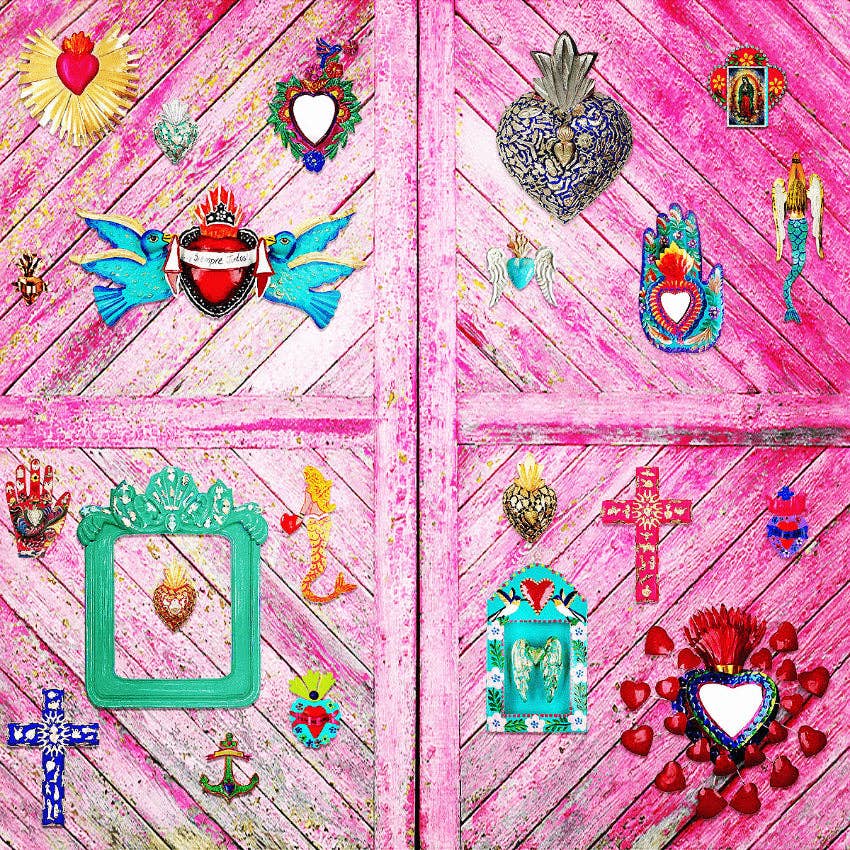 PINK PAMPAS Cuore Sacro in legno artigianale messicano con ex voto