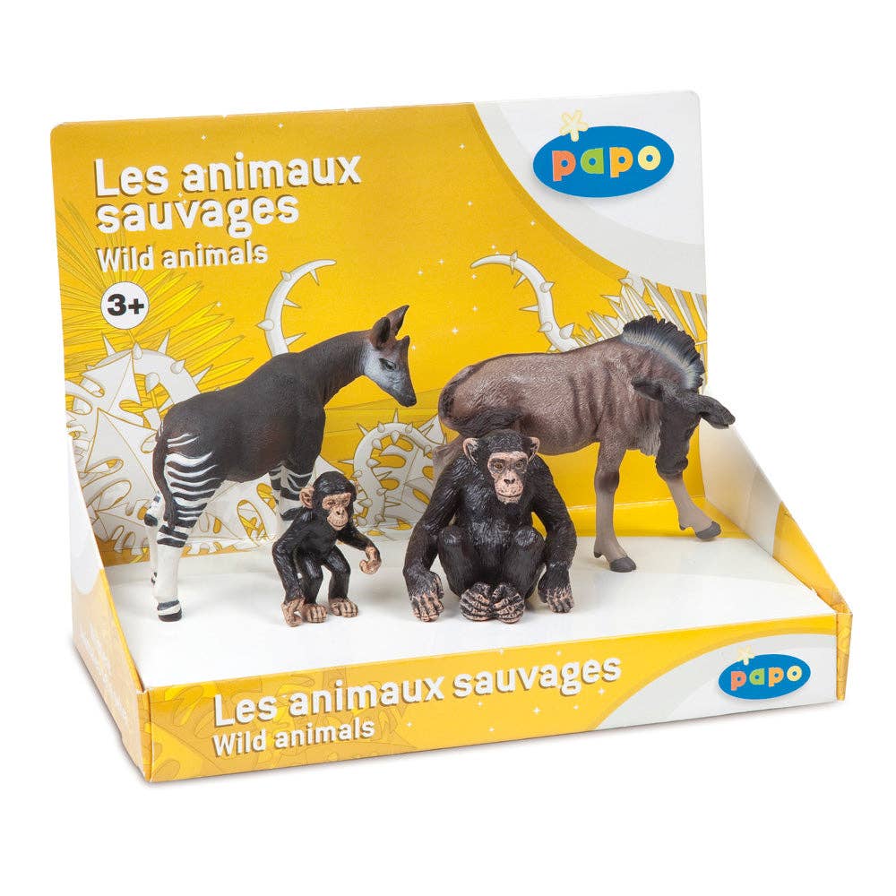 Papo Cofanetto animali selvaggi (okapi, gnu, scimpanzé e il suo cucciolo)