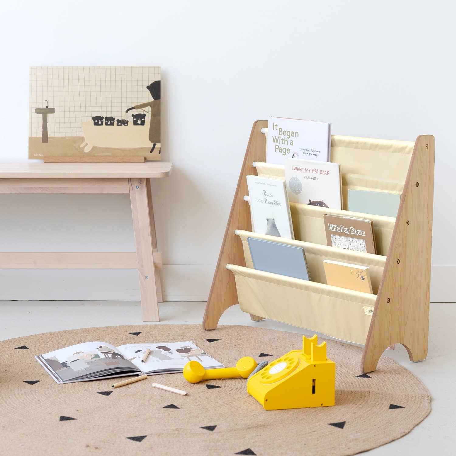 3 Sprouts Libreria per bambini con tessuto riciclato - colori uniformi: Crema