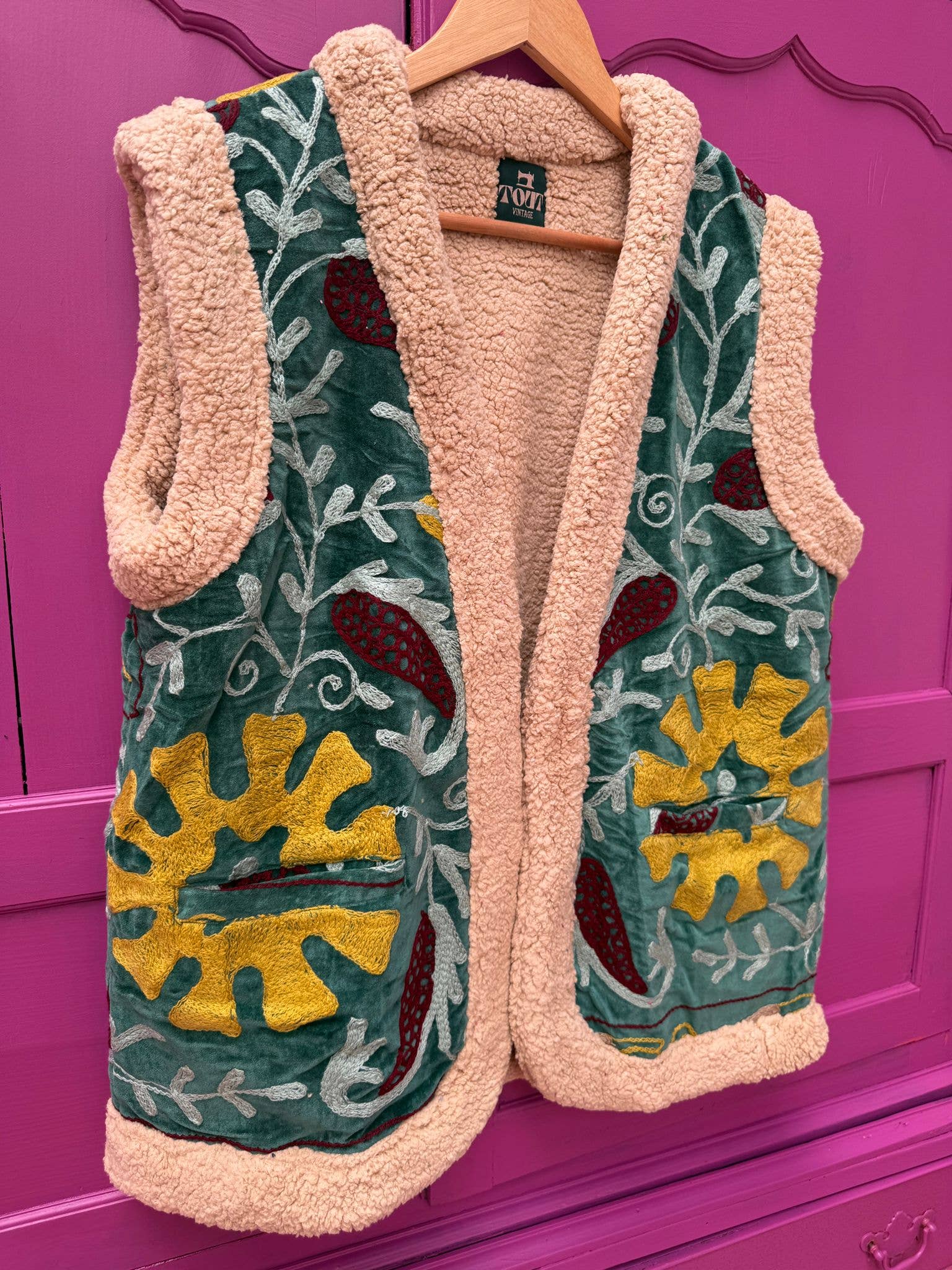 ToutVintage Gilet di velluto in finta pelliccia verde