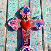 PINK PAMPAS Croce Folk Ex Voto messicana artigianale in Legno con Cuore