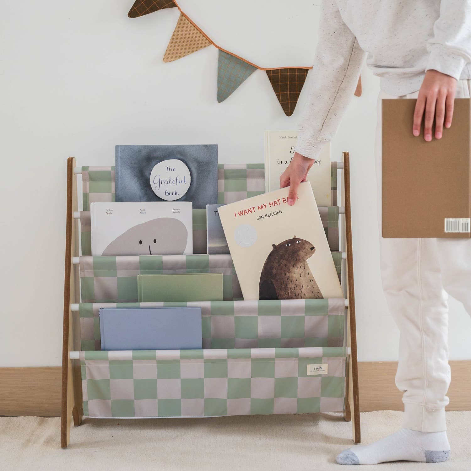 3 Sprouts Libreria per bambini con tessuto riciclato - motivo scacchiera: Verde a scacchi