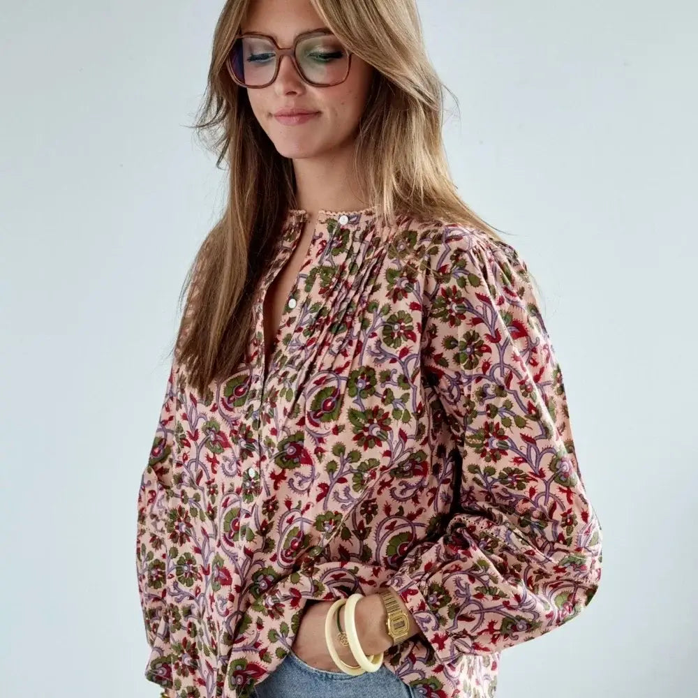 Bonheur du Jour Blusa donna stampata fiori indiani - Rosa/Malva