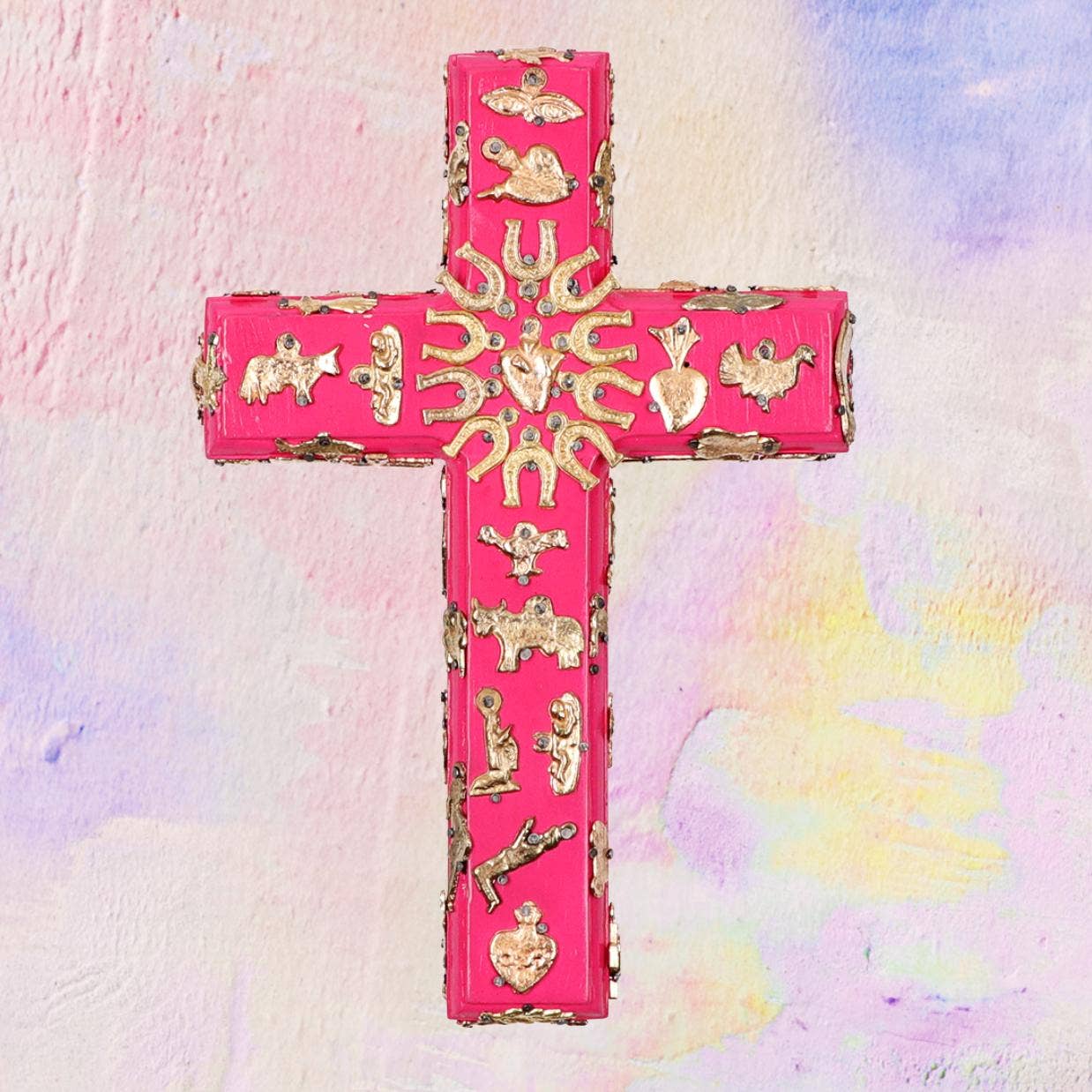 PINK PAMPAS Croce messicana artigianale in Legno con ciondoli ex voto