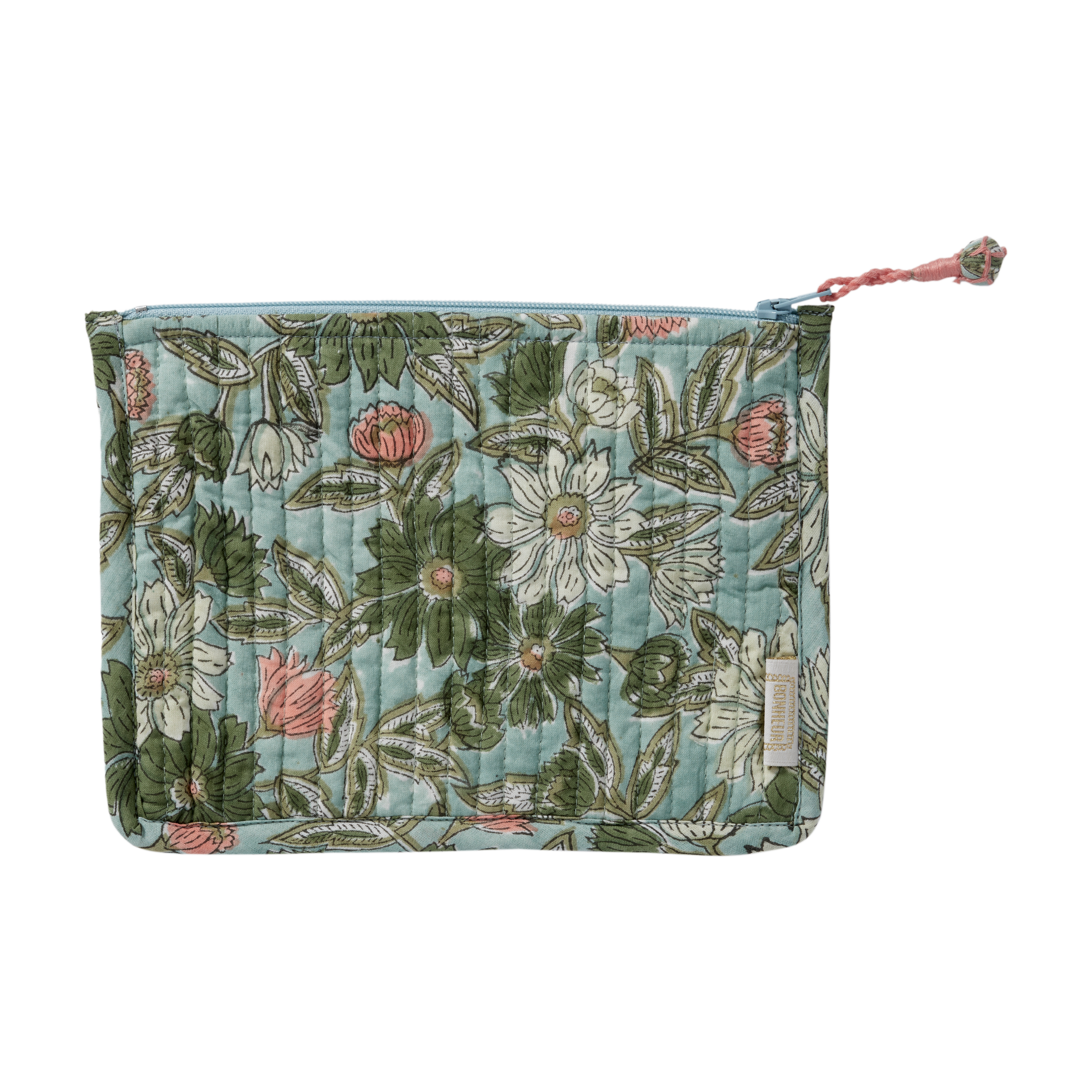 Bonheur du Jour Piccola pochette trapuntata con stampa di fiori indiani Meera blu verde