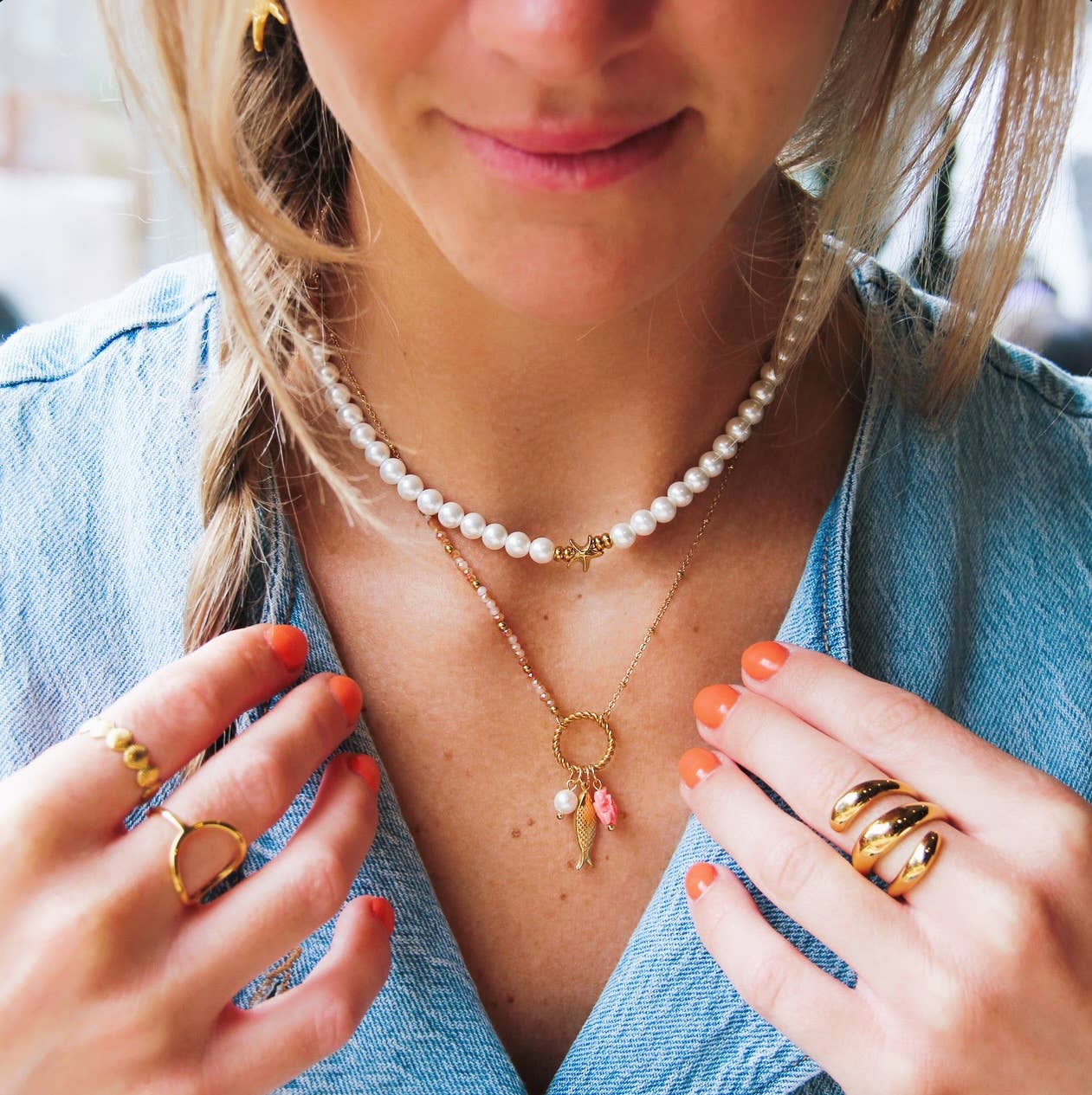 Bazou Collana di perle con mini stelle marine