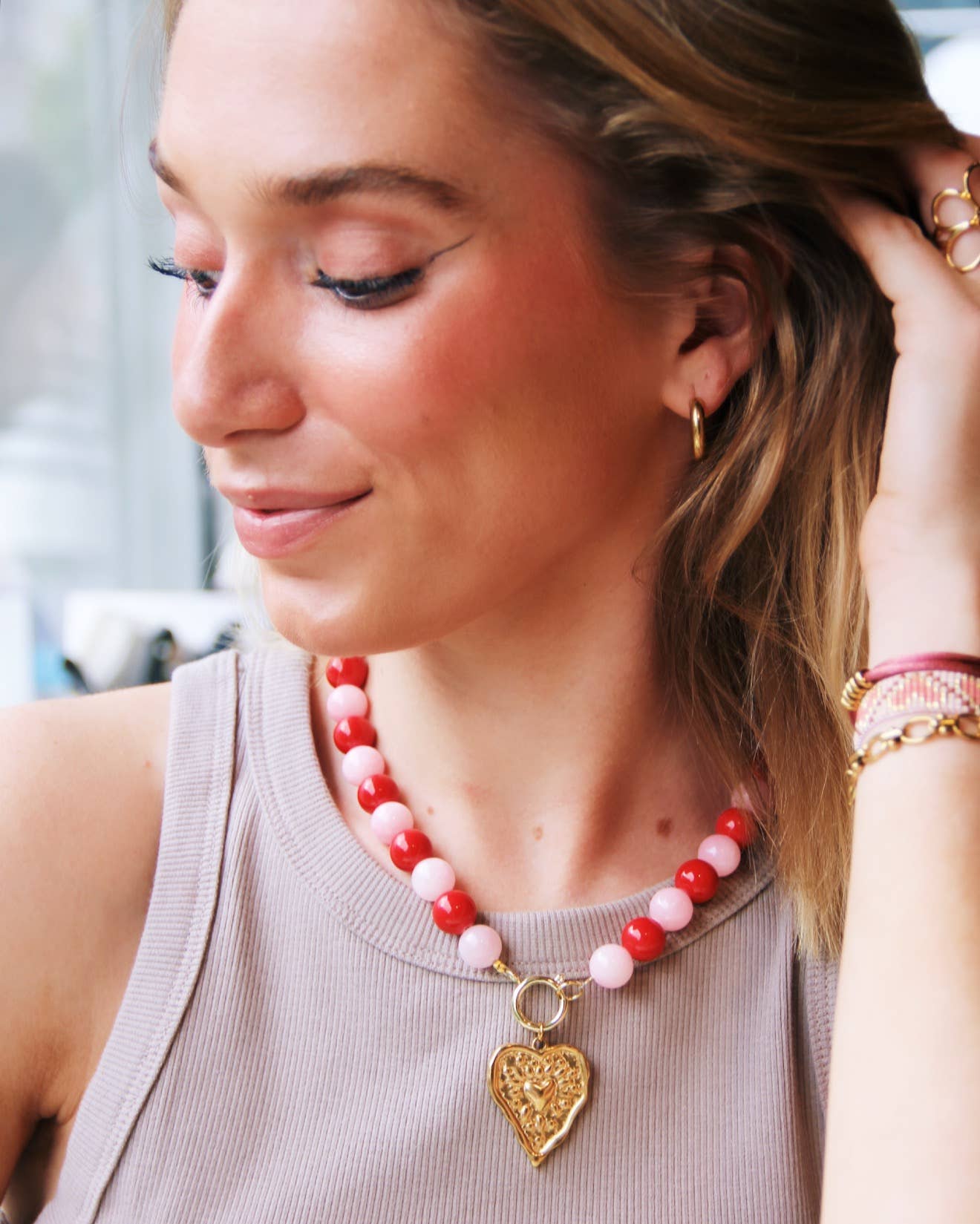 Bazou Collana con perline in pietra naturale XL - rosso/rosa