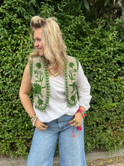 ToutVintage Gilet cotone Suzani beige verde
