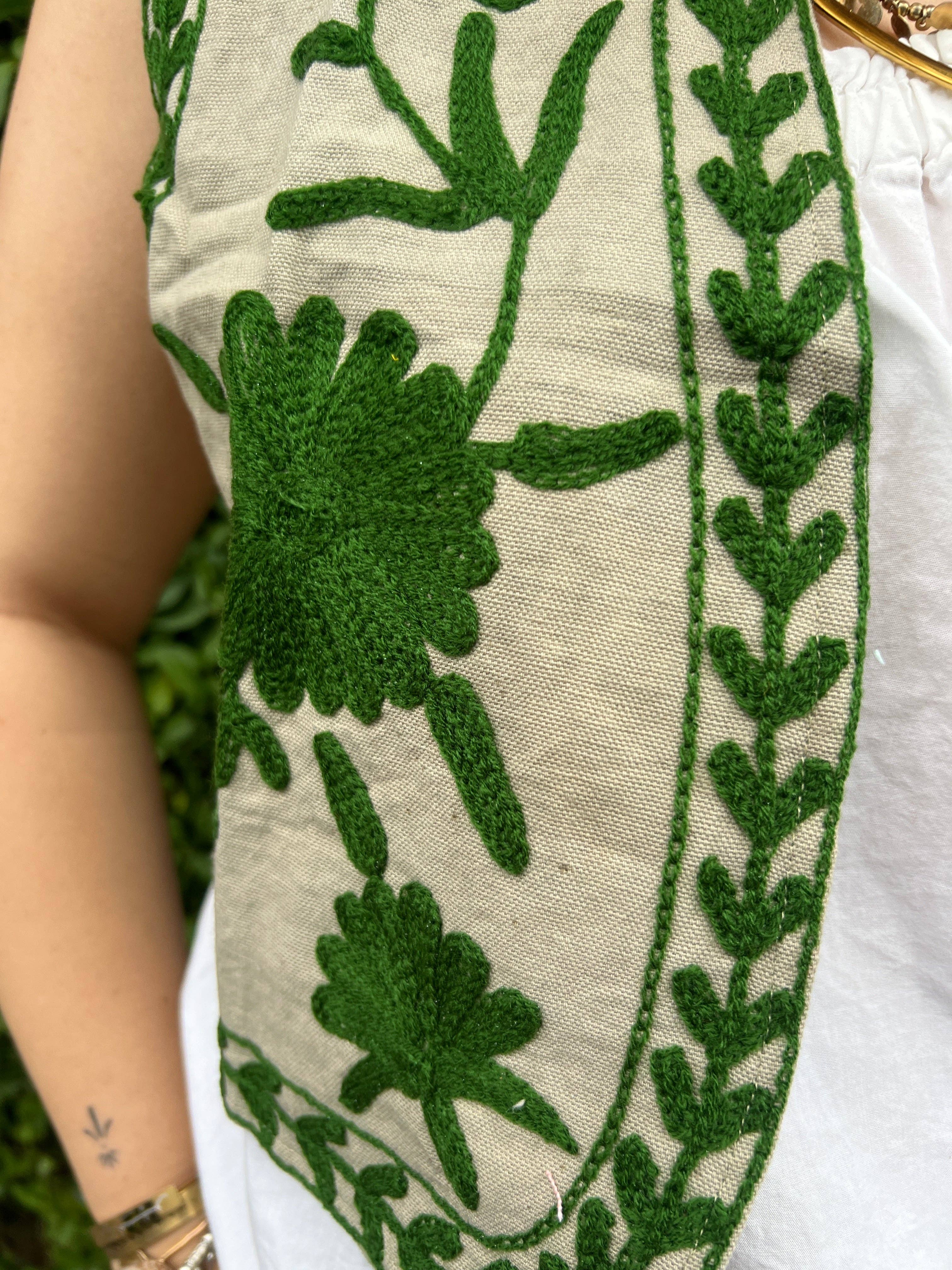 ToutVintage Gilet cotone Suzani beige verde
