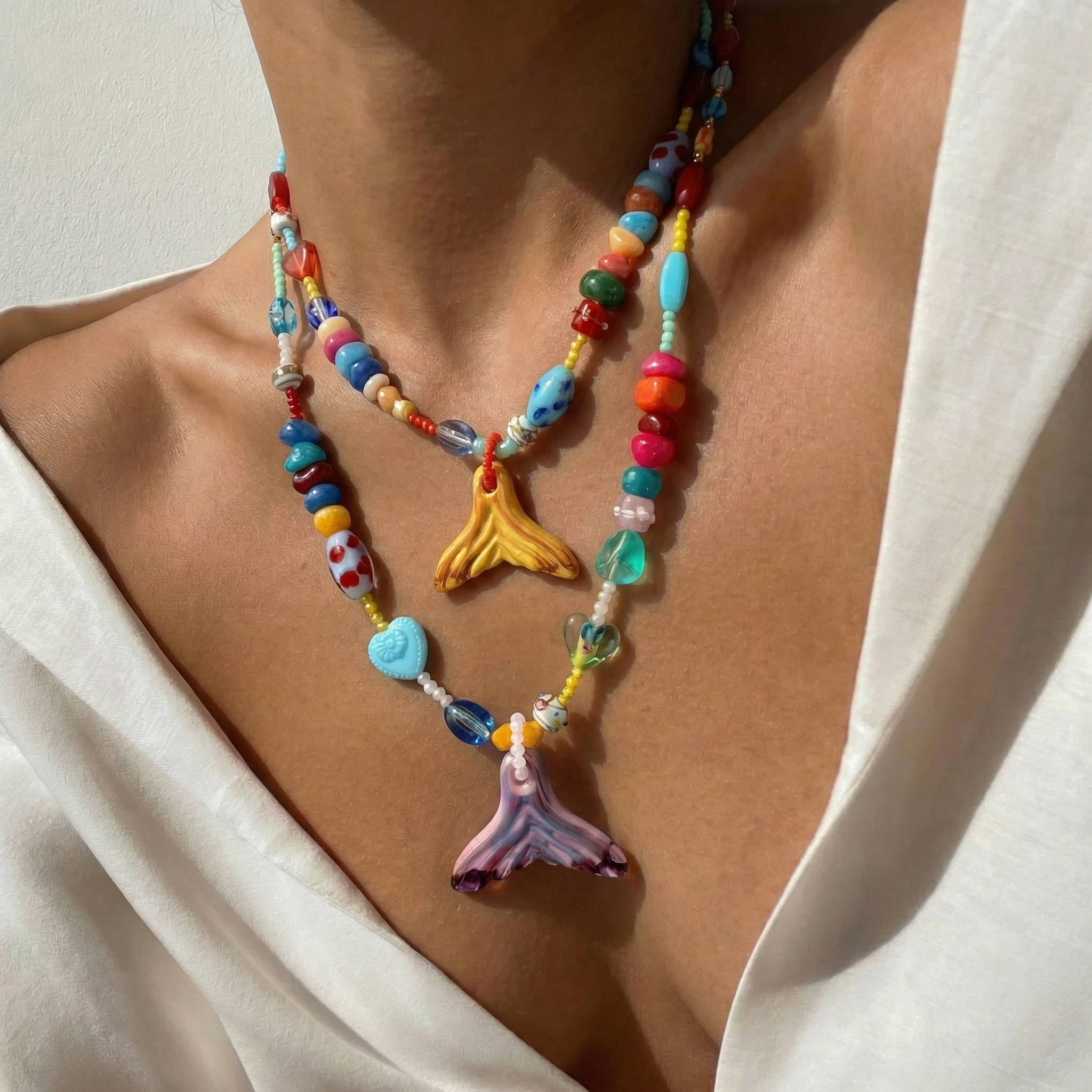 Goupi Lab Collana colorata con perline a forma di coda di sirena gialla o rosa: Pink