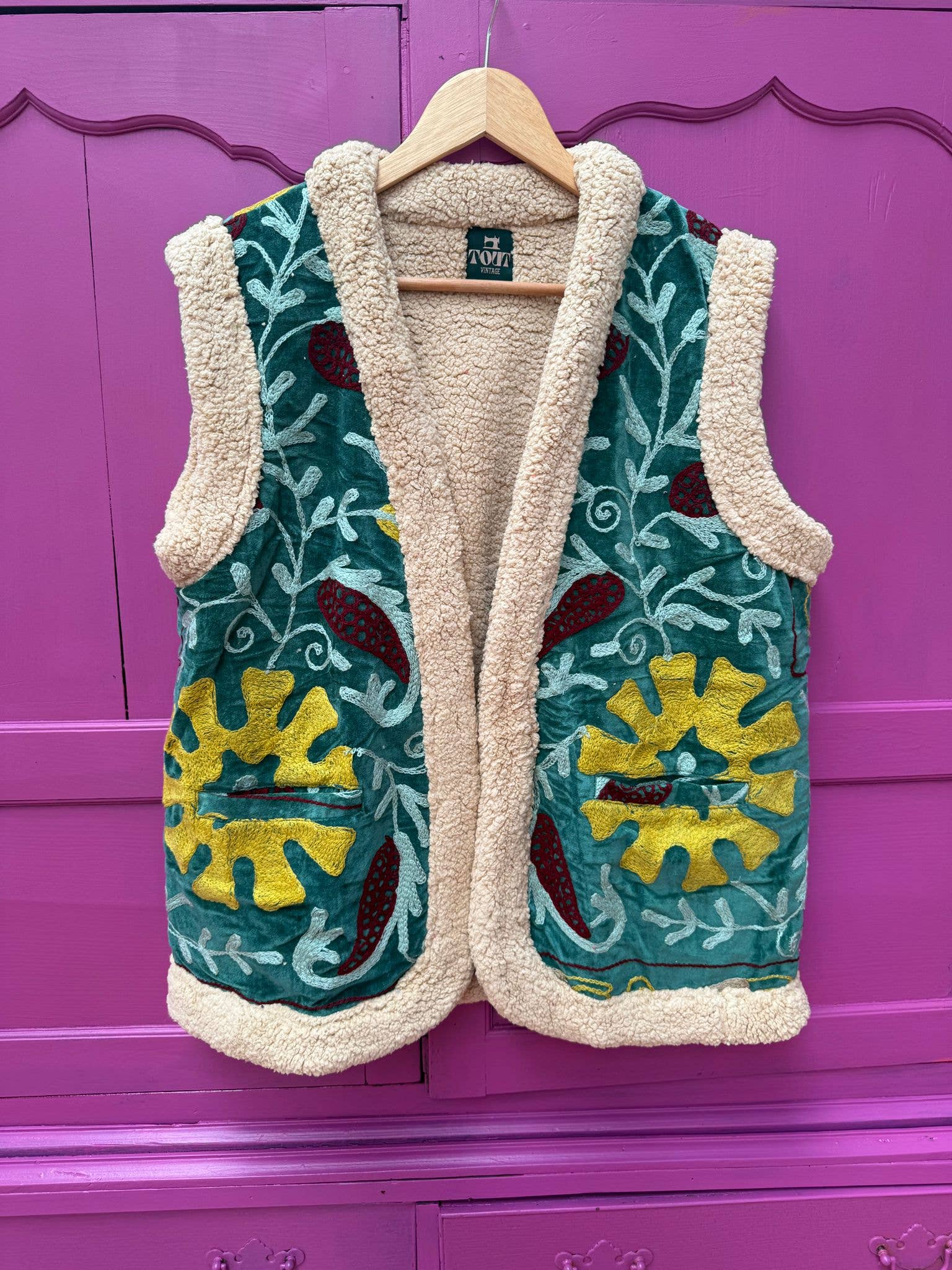 ToutVintage Gilet di velluto in finta pelliccia verde