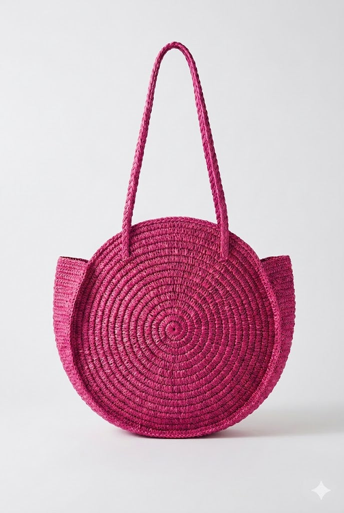 NATURELLEMENT - Borsa a Spalla Tonda in Rafia Aurore fuxia