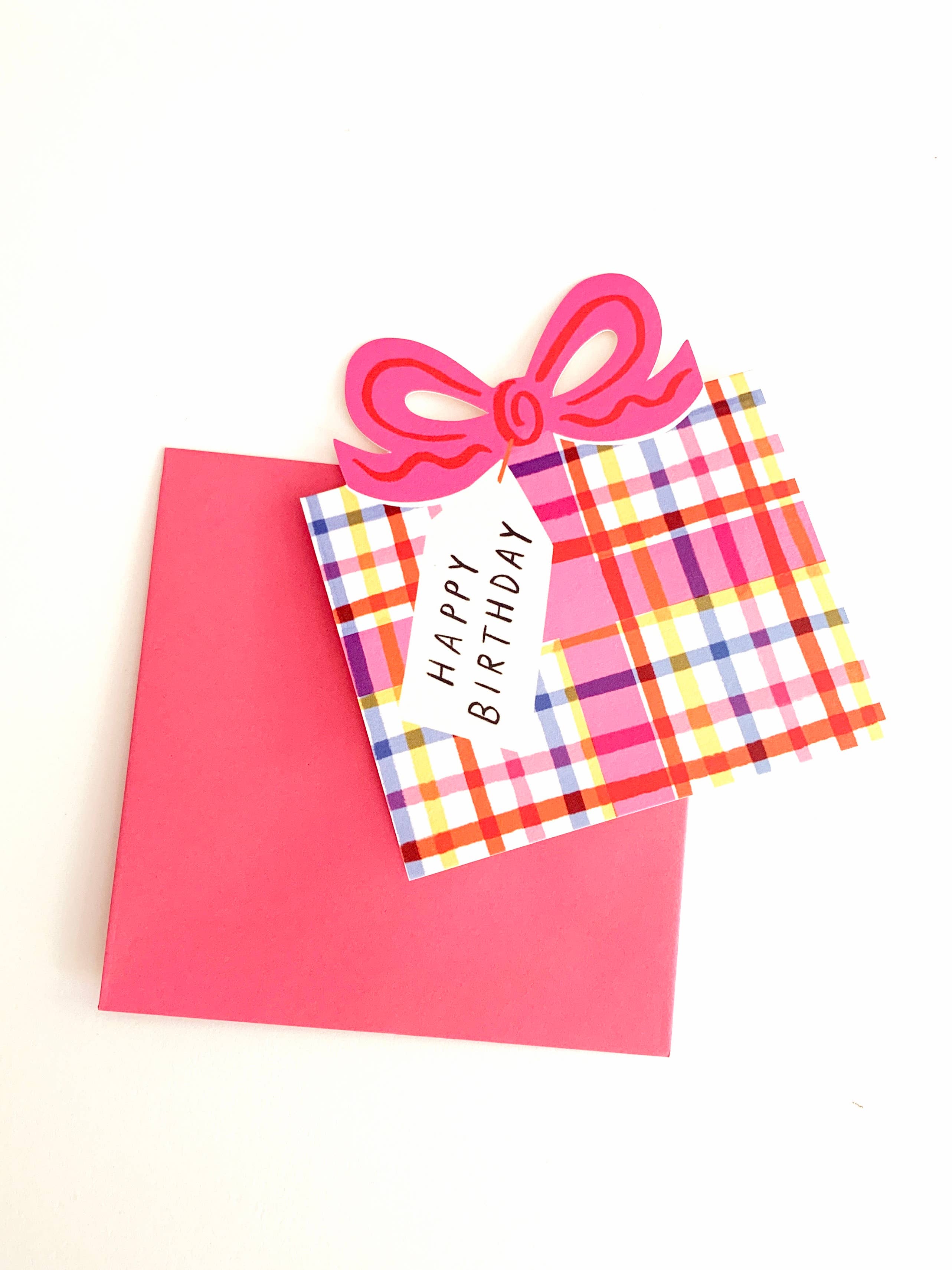 Kitty Kenda Papergoods Biglietto di Auguri a Forma di Fiocco per Compleanno - Quadri Rosso Blu