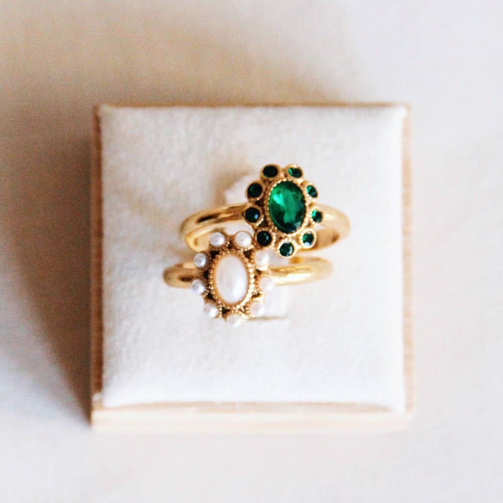 Bazou Anello vintage in acciaio inossidabile con pietre verdi - oro