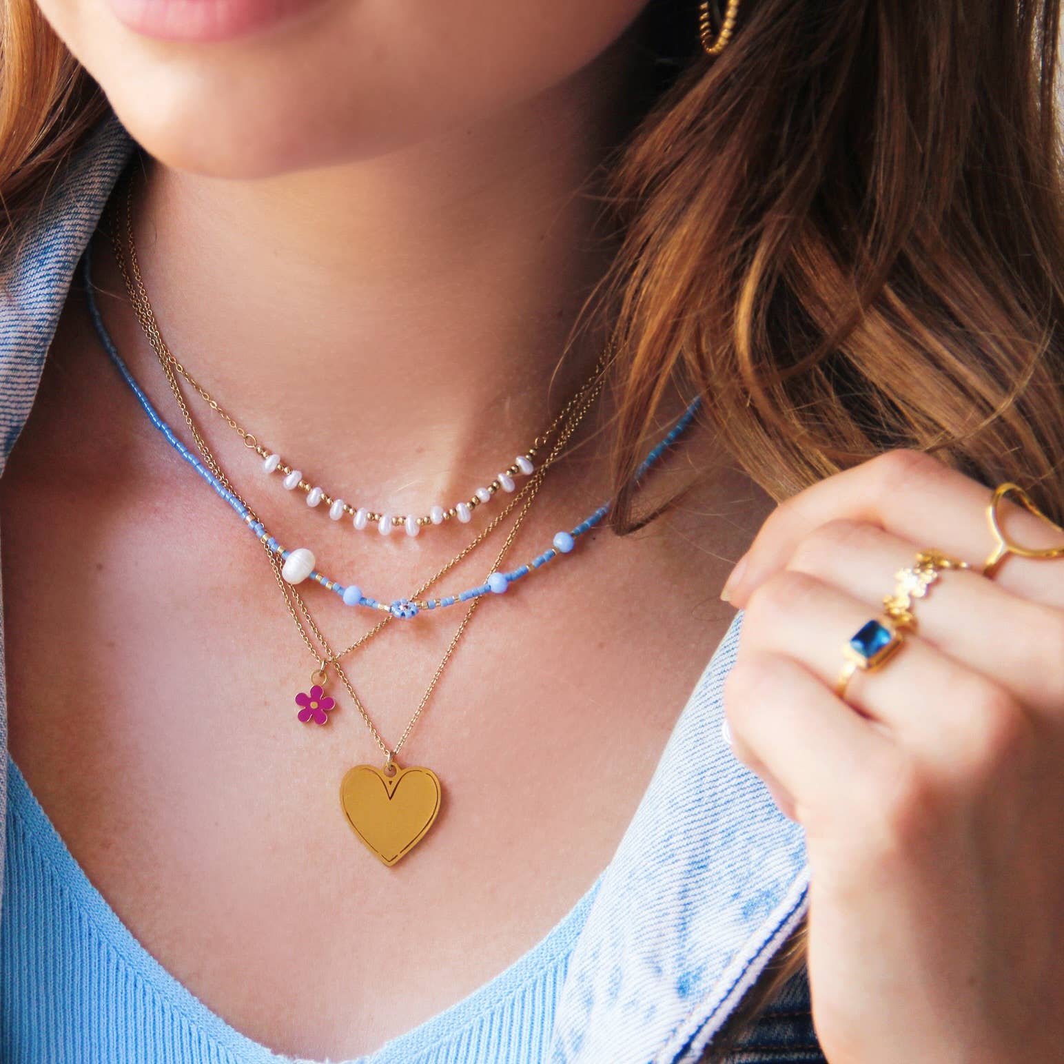 Bazou Collana in acciaio inossidabile con mini perle e perline - oro