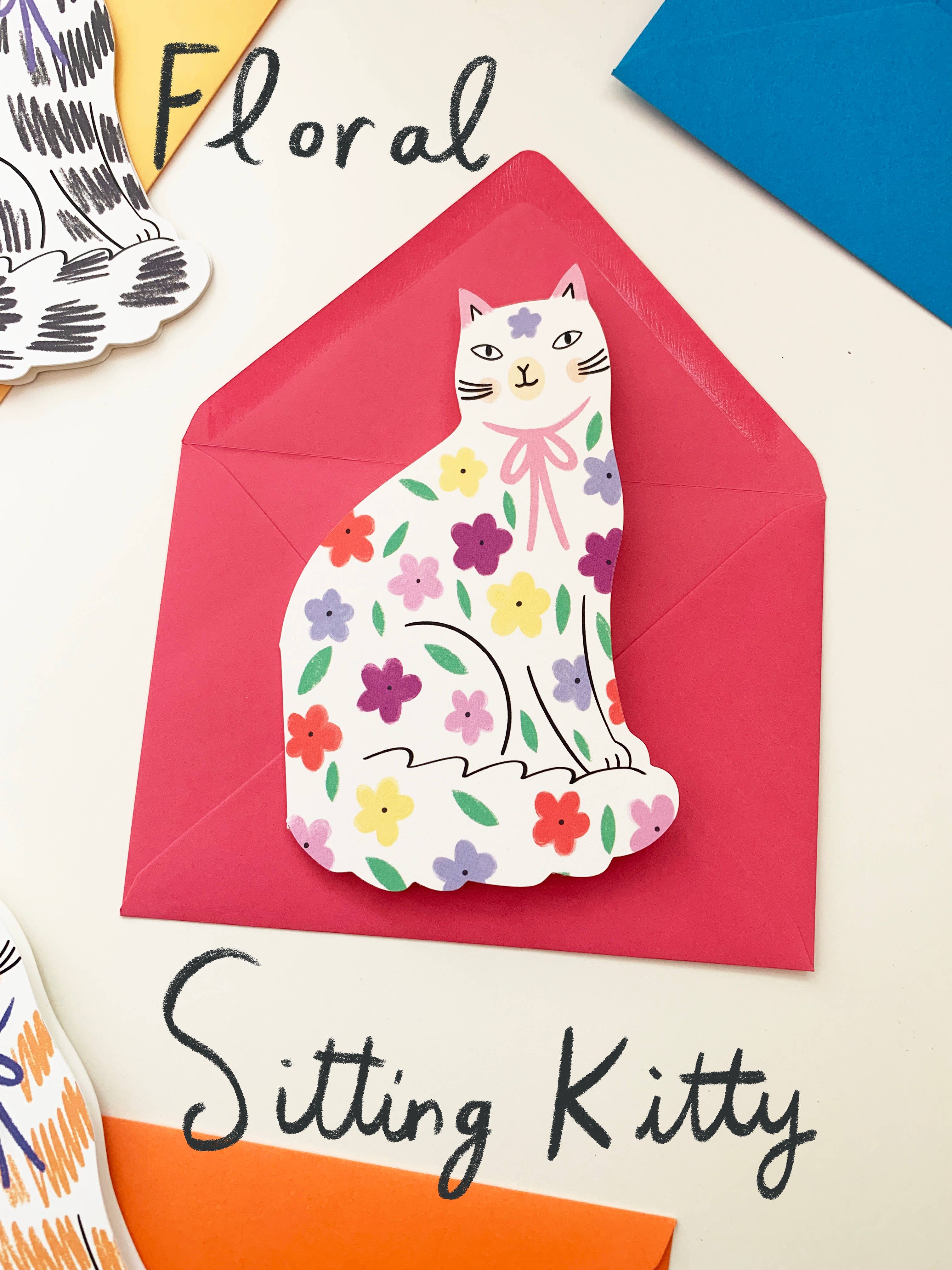 Kitty Kenda Papergoods Biglietto di auguri a forma di gatto seduto a forma di gattino: Festa della mamma floreale