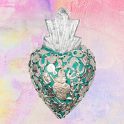 PINK PAMPAS Cuore Sacro in legno artigianale messicano con ex voto