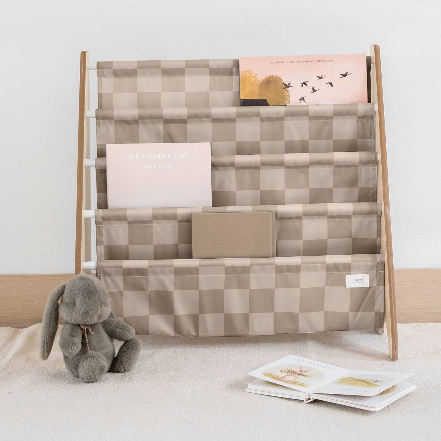 3 Sprouts Libreria per bambini con tessuto riciclato - motivo scacchiera: Verde a scacchi