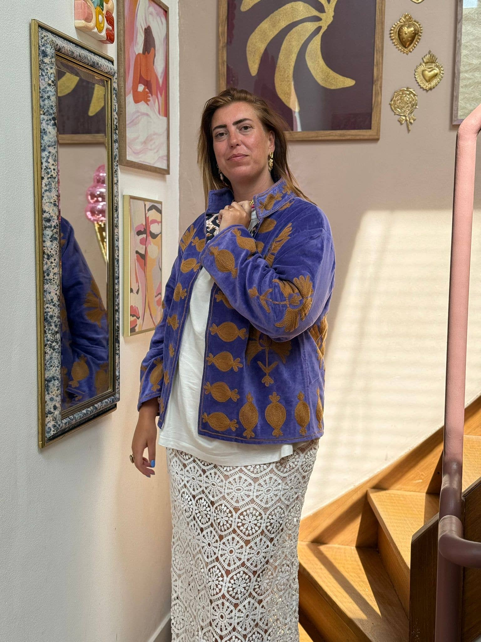 ToutVintage Giacca ricamata in velluto Lavanda beige pantera