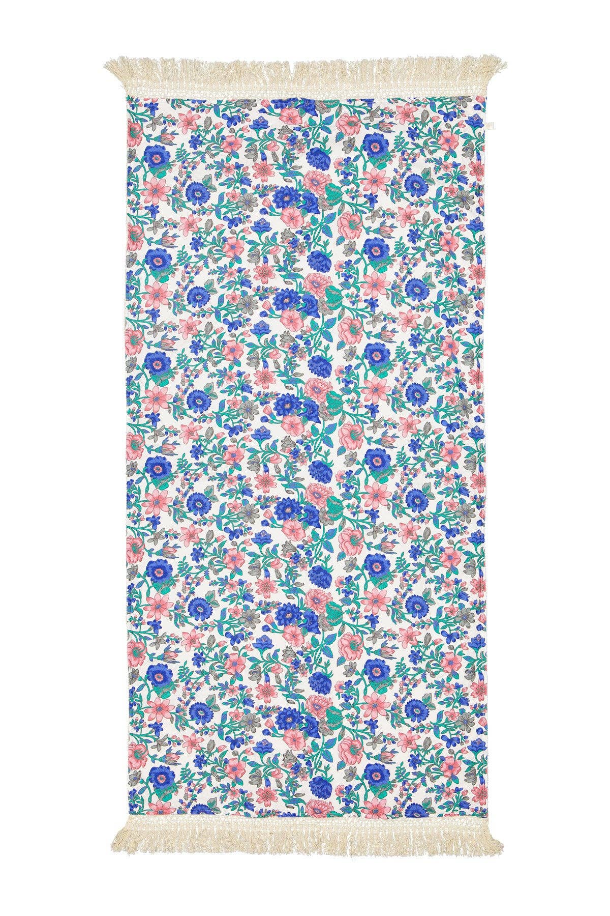Louise Misha Telo Mare Lana - Pomponi - fiori - blu - rosa: Prato estivo blu / T1(75X150)