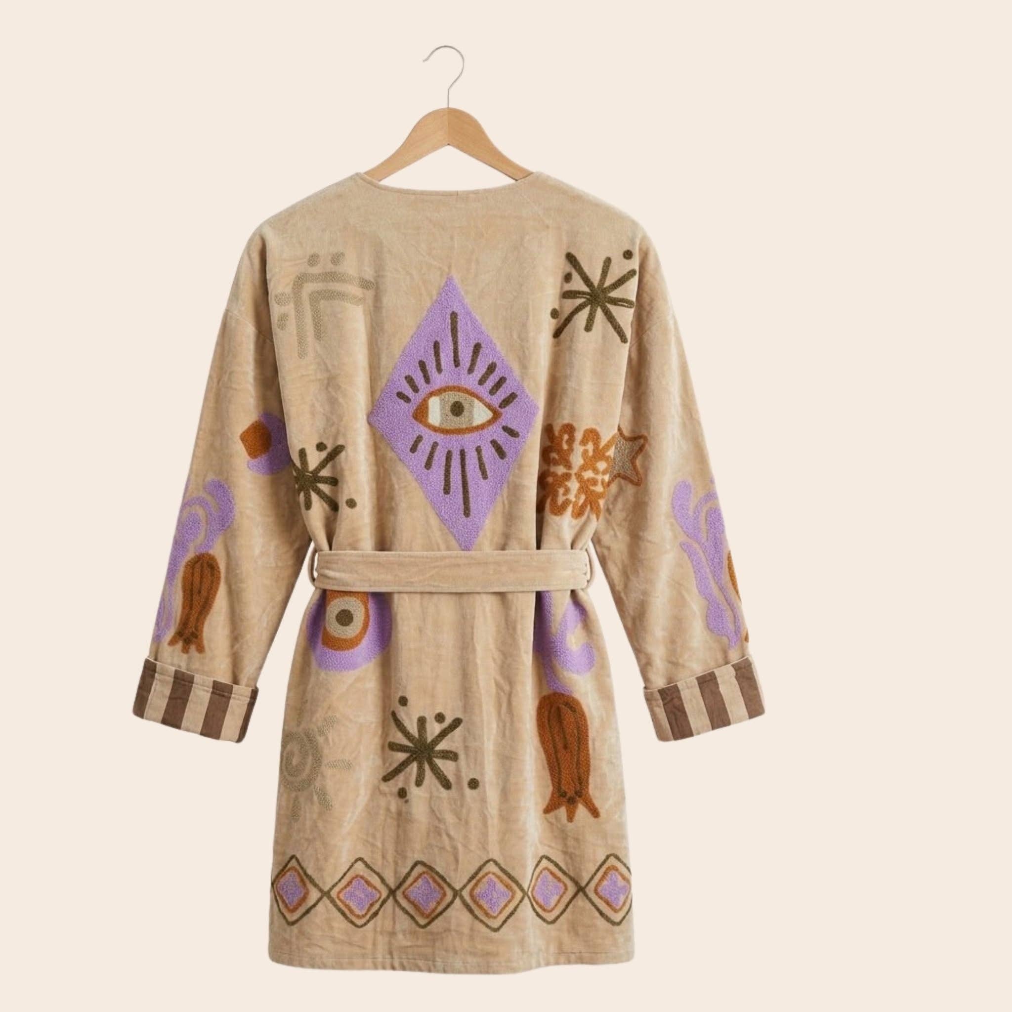 TOUT - Kimono in velluto medio-lungo beige: Stripes