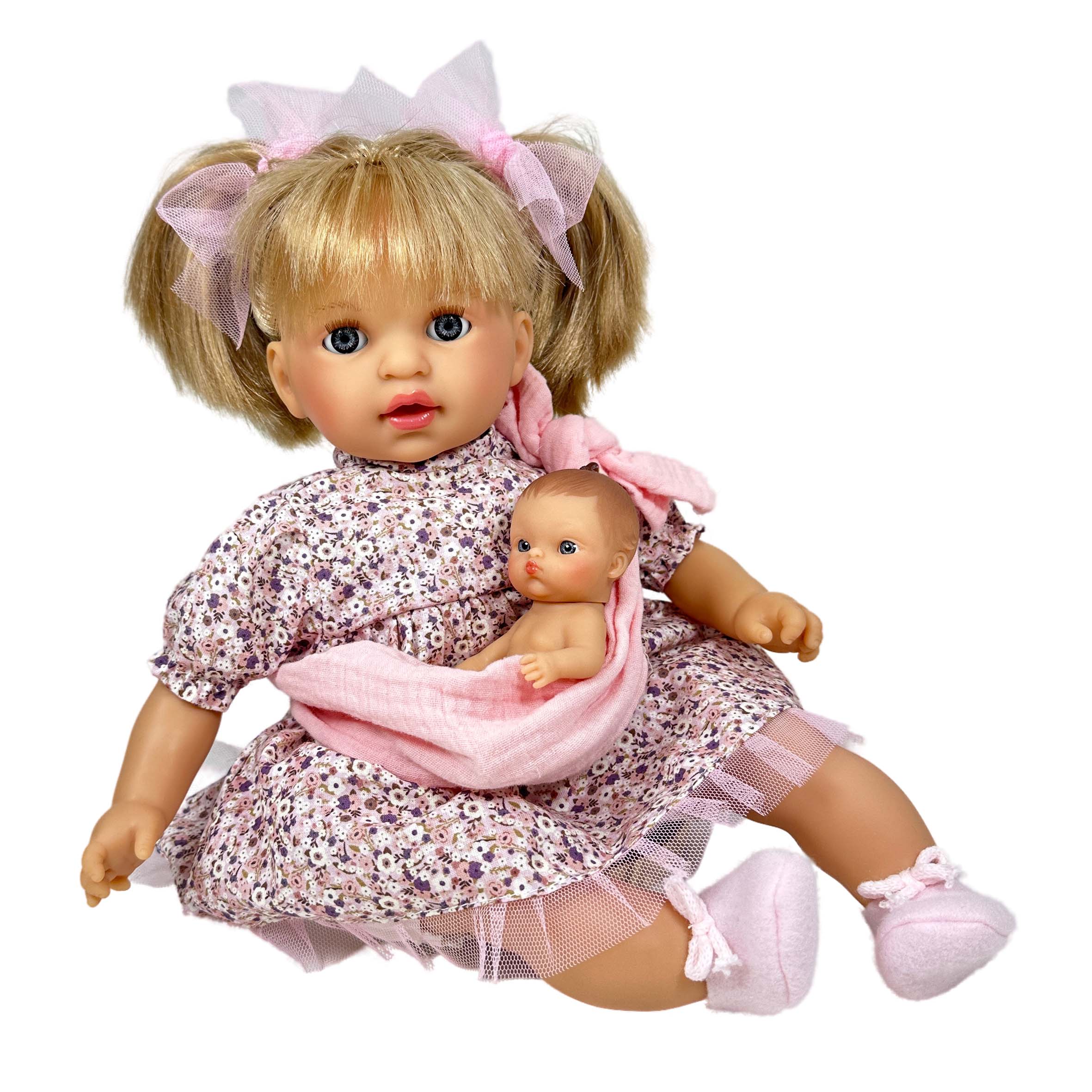 Nines Artesanals d'Onil Dolls BAMBOLA ALEX CON BAMBINO BIONDO: MOCHILA