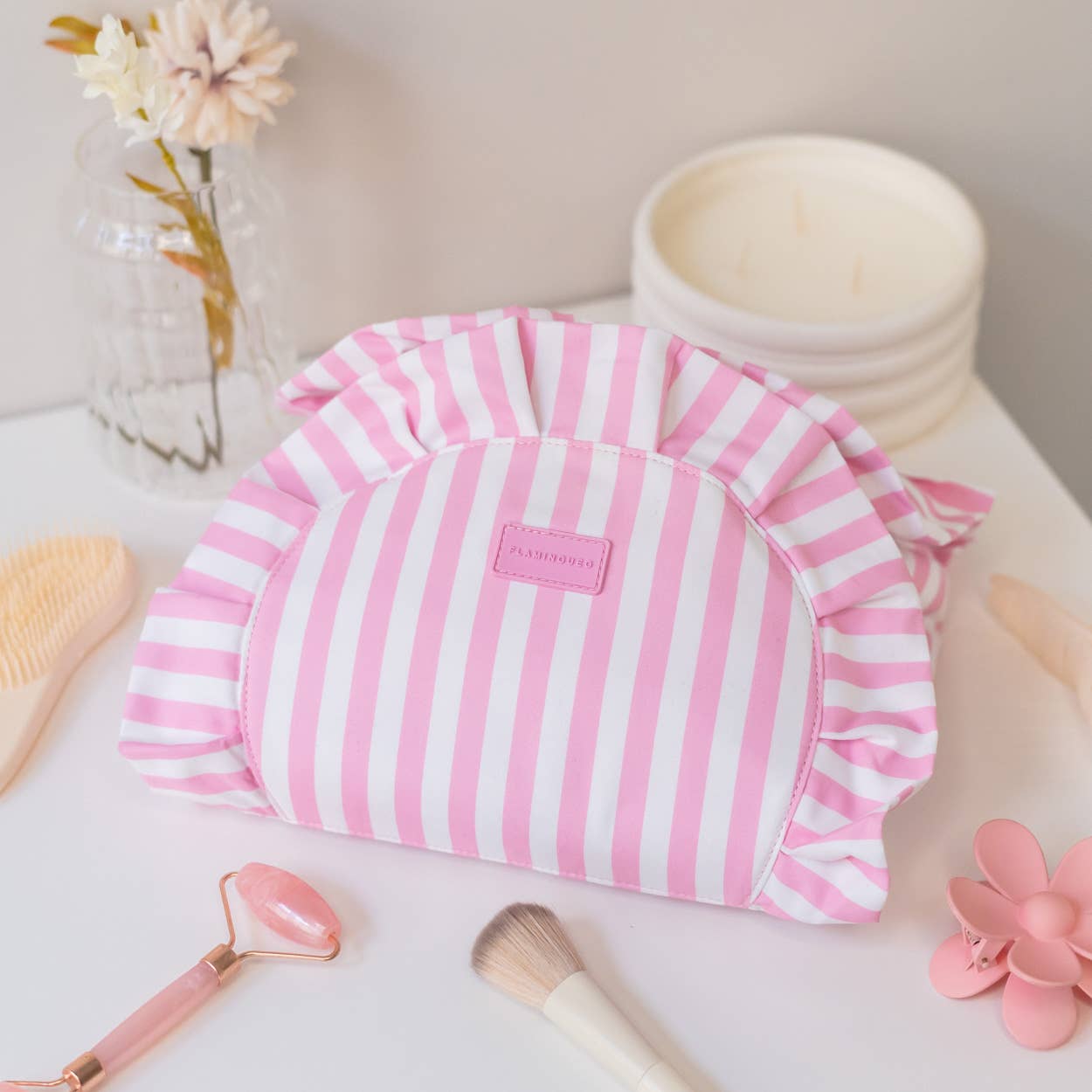 Flamingueo Trousse per cosmetici a righe rosa con chiusura ad arricciatura